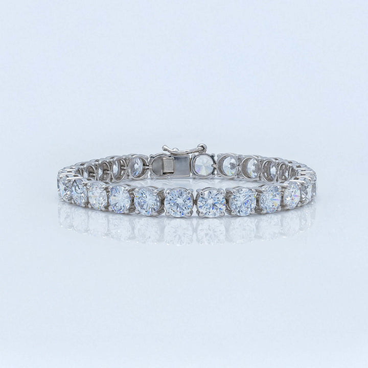 Front view of lab-grown diamond tennis bracelet in white gold with brilliant round stones.