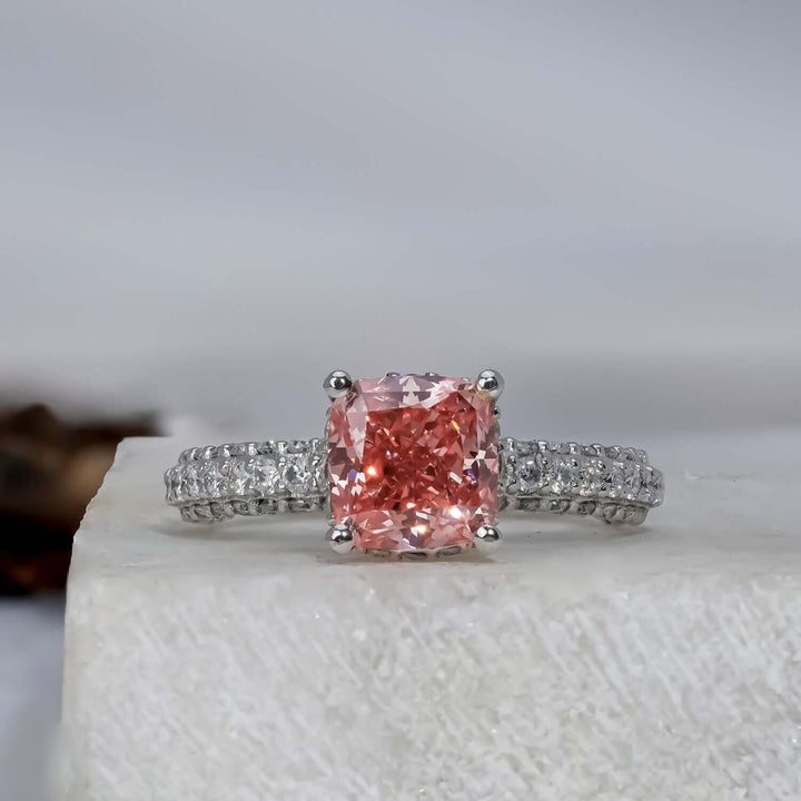 Fancy Vivid Pink Cushion Cut Hidden Halo-Pave Lab Grown Diamond Engagement Ring