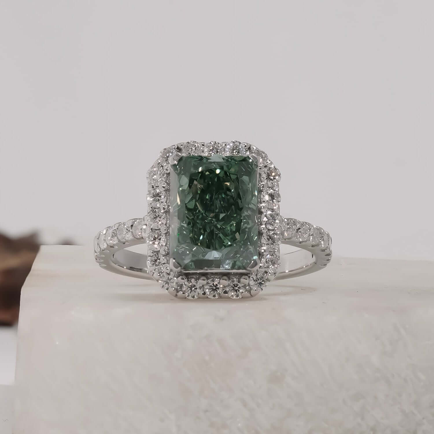 Fancy Vivid Green Radiant Cut Lab Grown Diamond Engagement Ring for Her