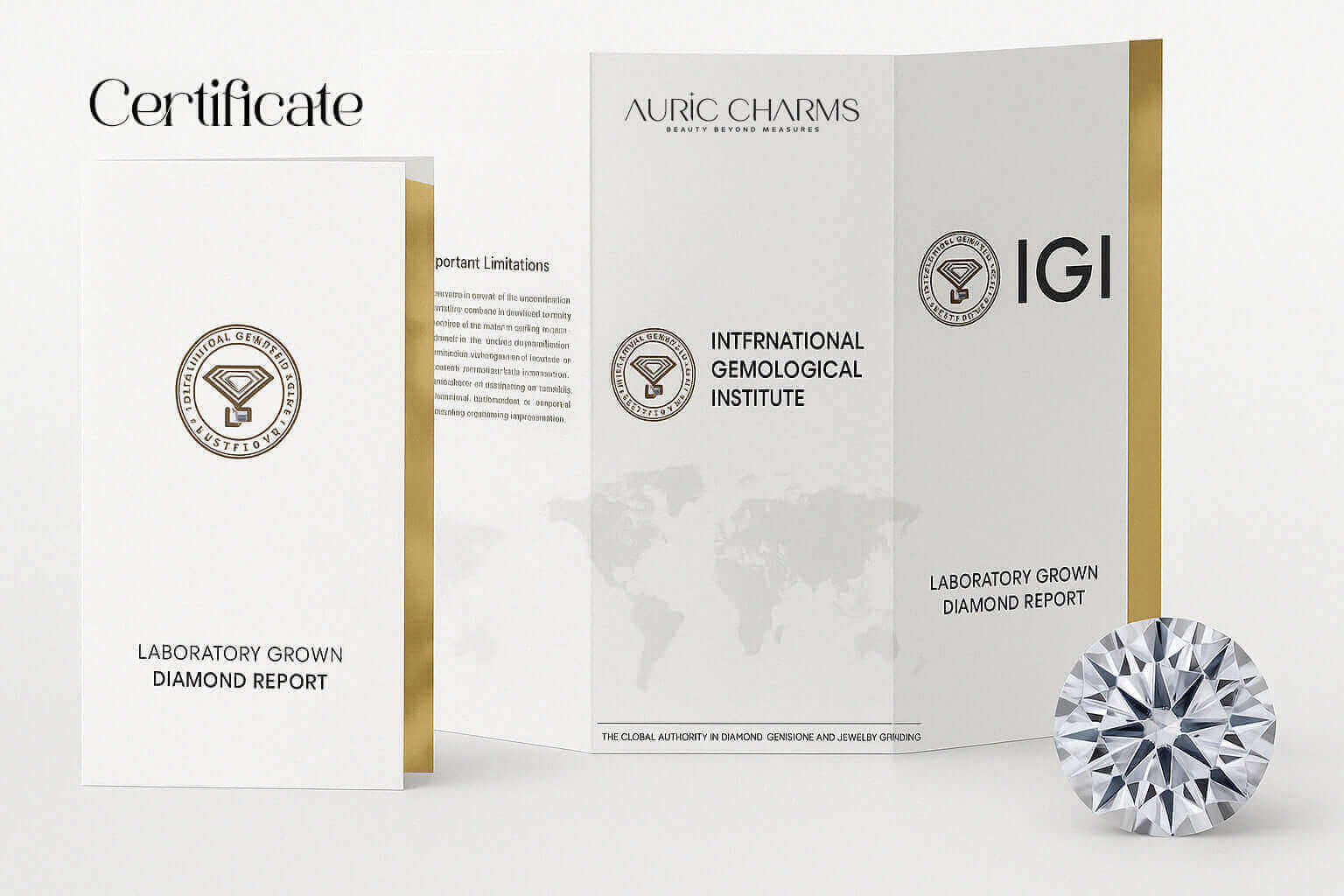 Lab grown diamond certificate by Auric Charms, showcasing authenticity and ethical luxury in fine jewelry.