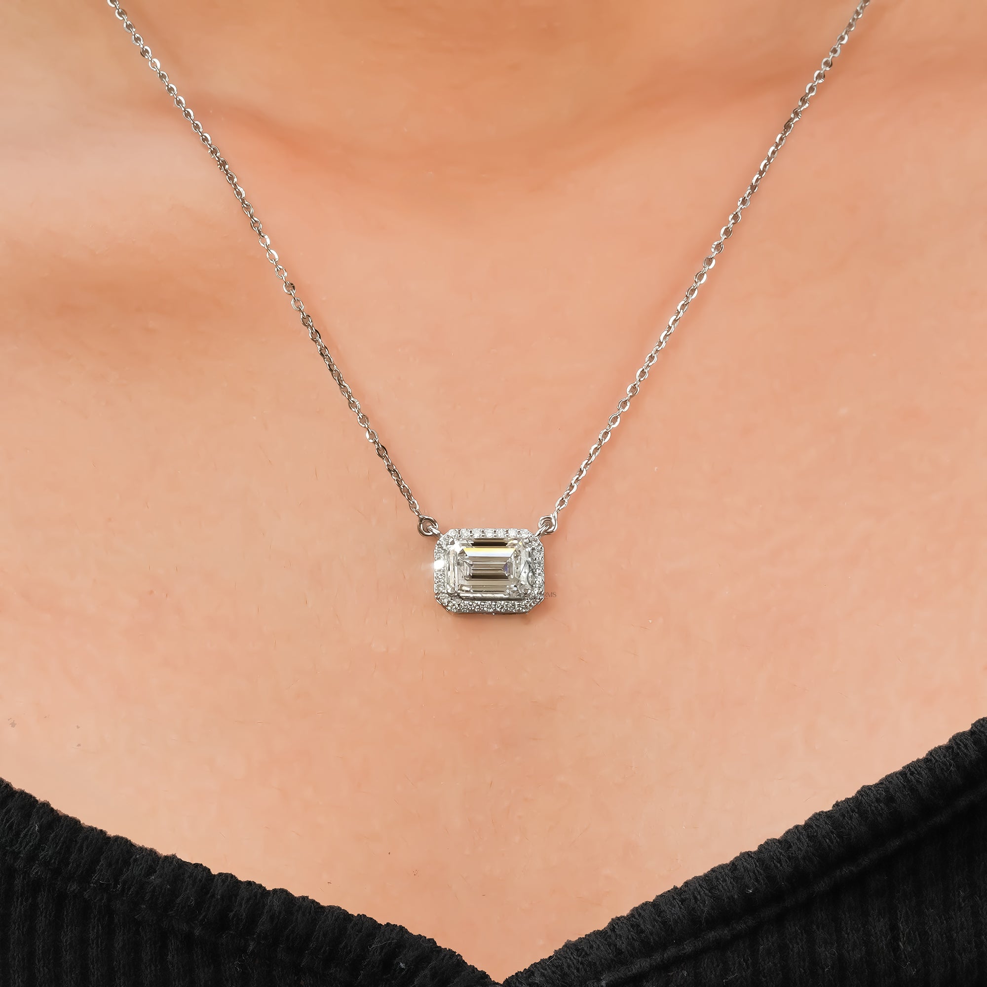 Zendaya Emerald East-West Halo Diamond Pendant