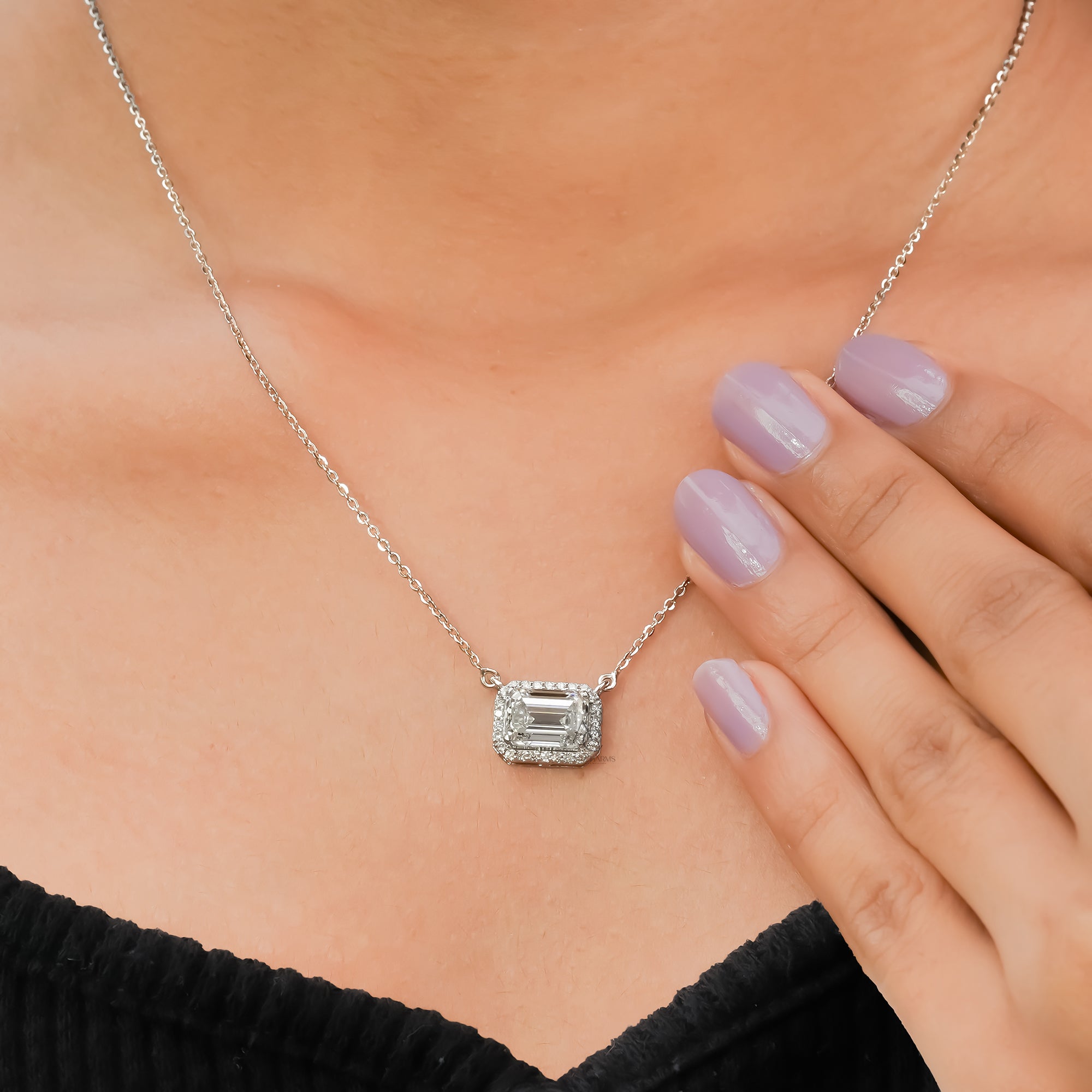 Zendaya Emerald East-West Halo Diamond Pendant