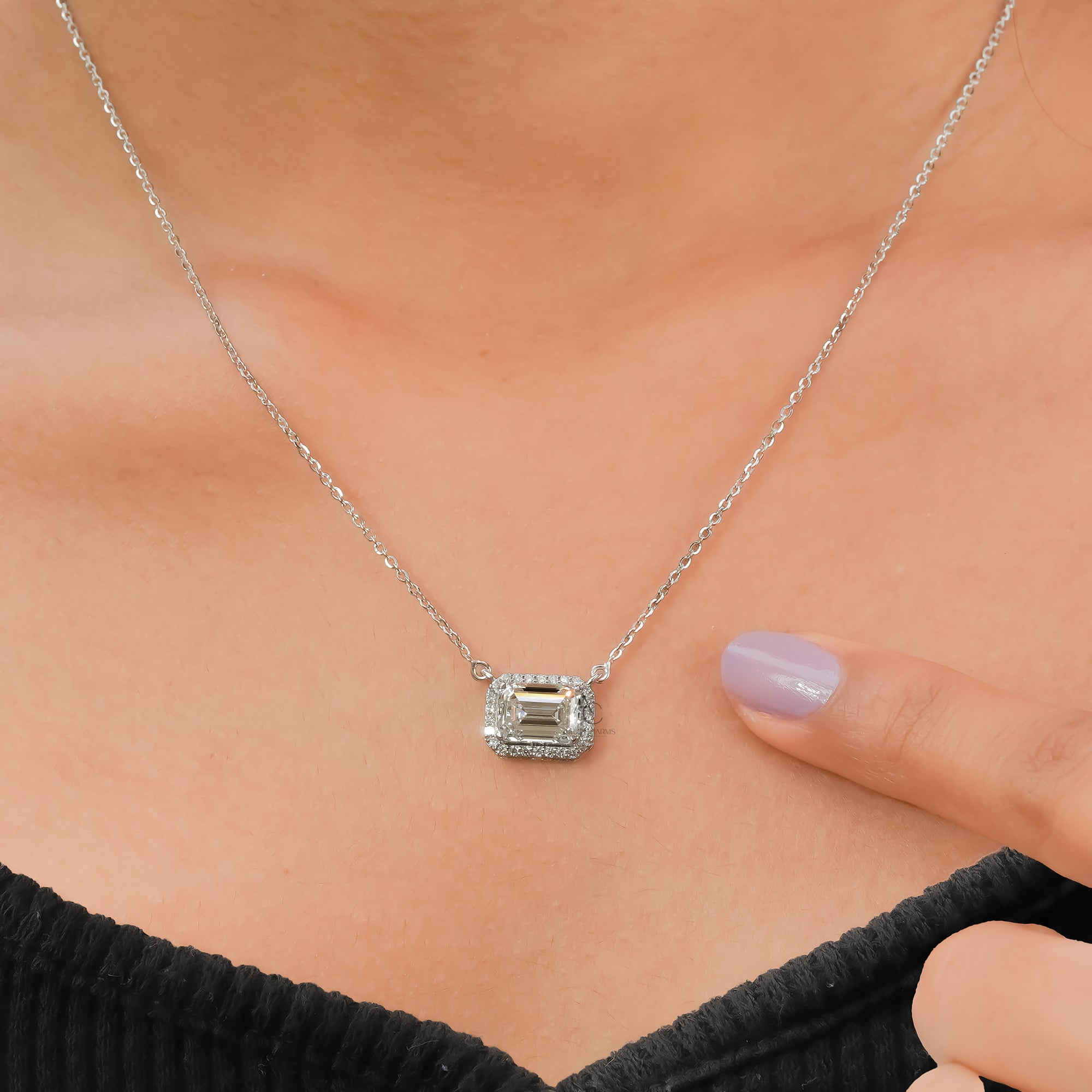 Zendaya Emerald East-West Halo Diamond Pendant