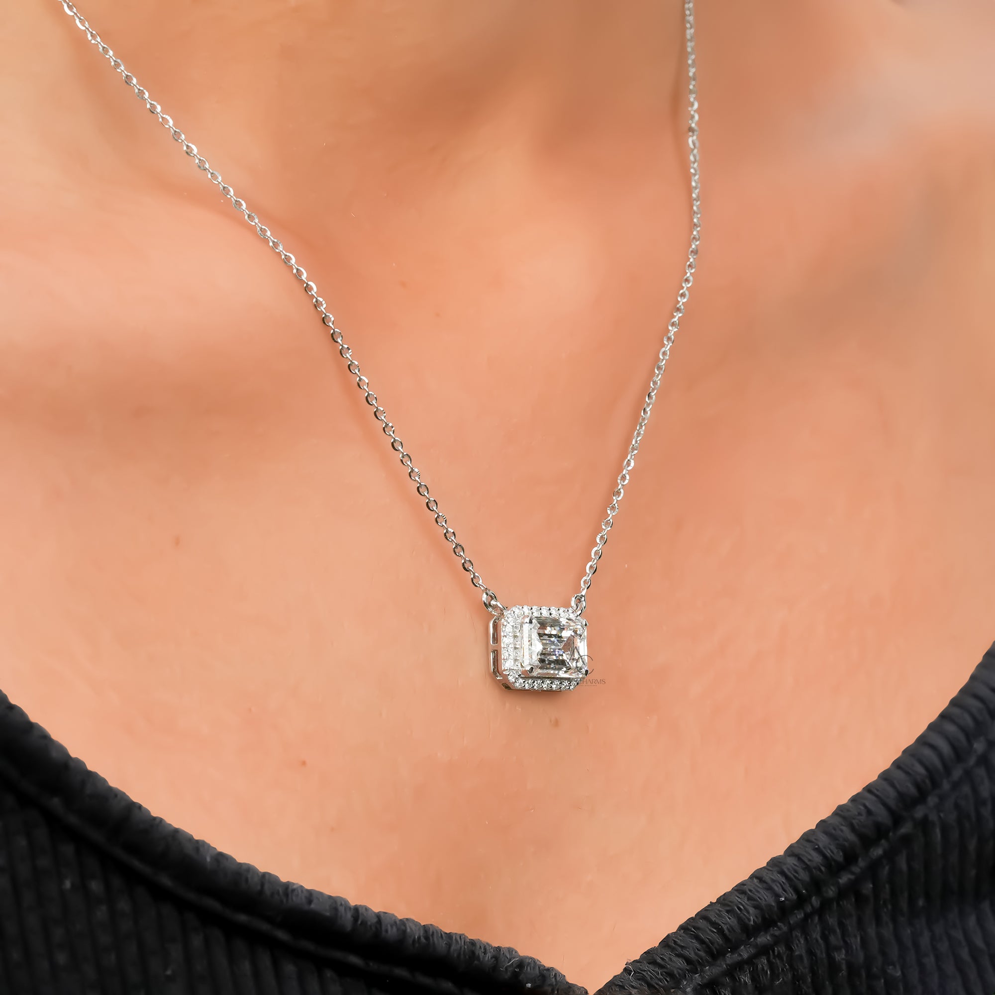 Zendaya Emerald East-West Halo Diamond Pendant