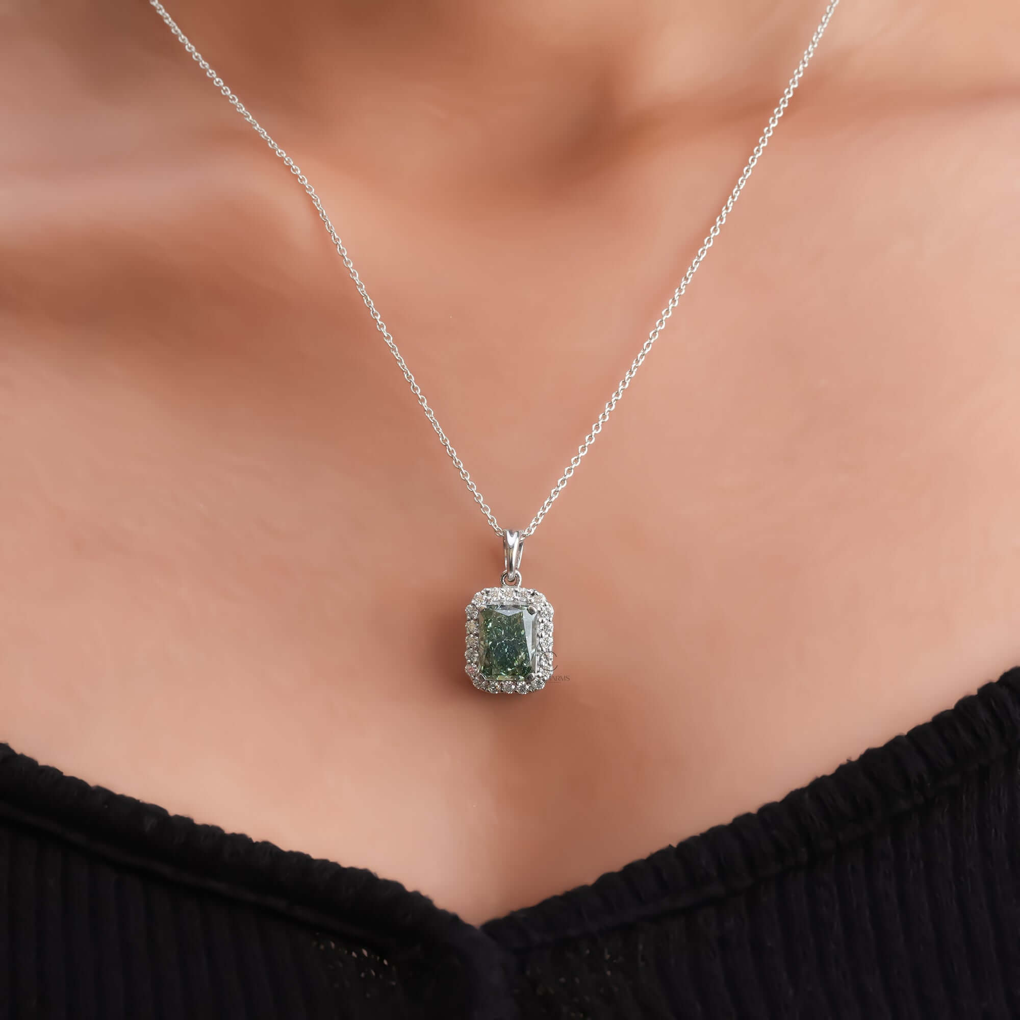 Fancy Green Radiant Cut Lab Grown Diamond Halo Pendant Necklace