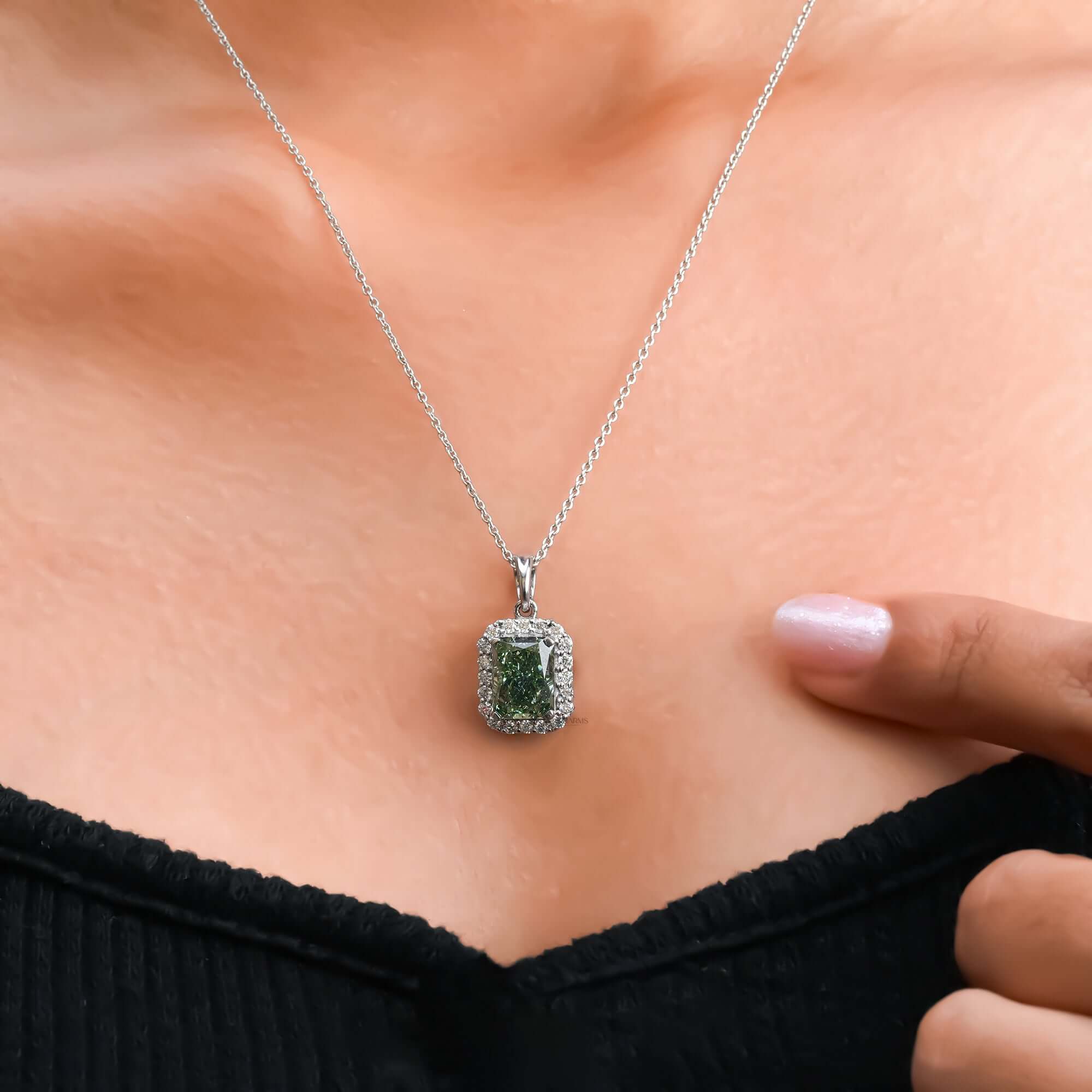 Fancy Green Radiant Cut Lab Grown Diamond Halo Pendant Necklace