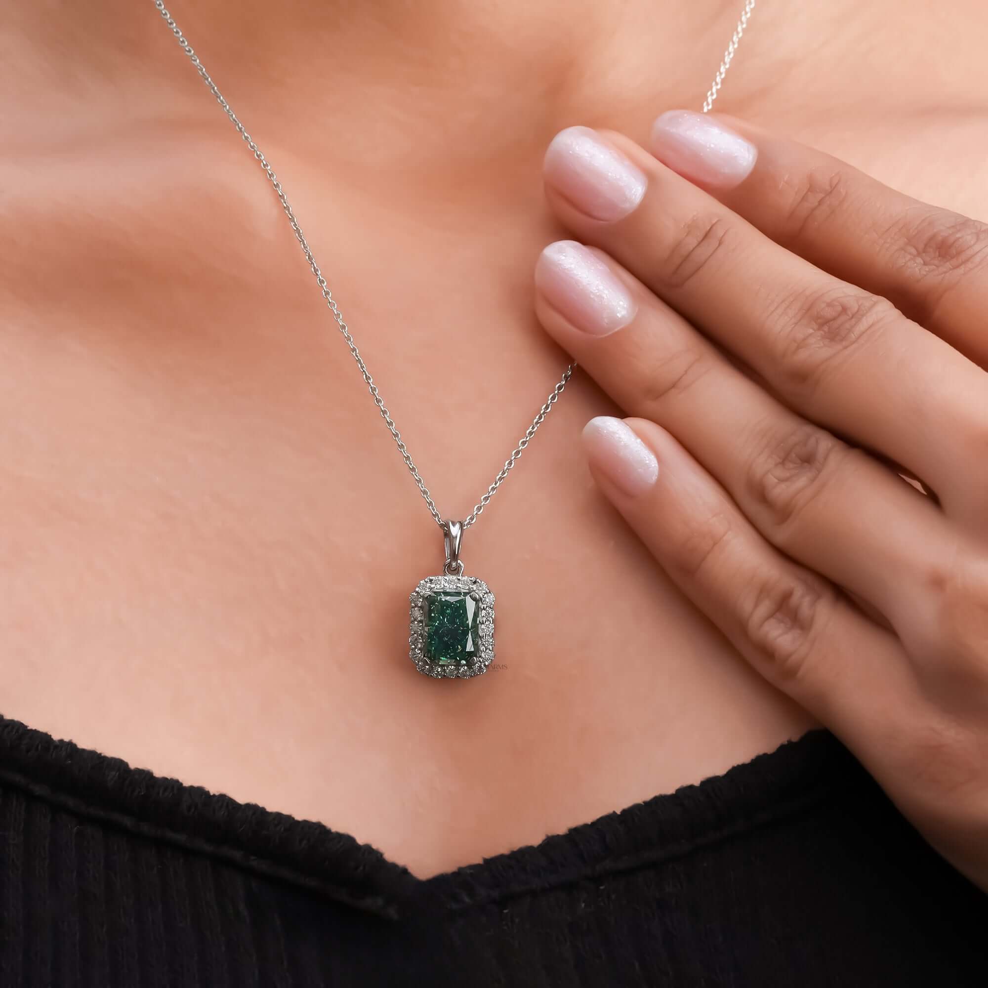 Fancy Green Radiant Cut Lab Grown Diamond Halo Pendant Necklace