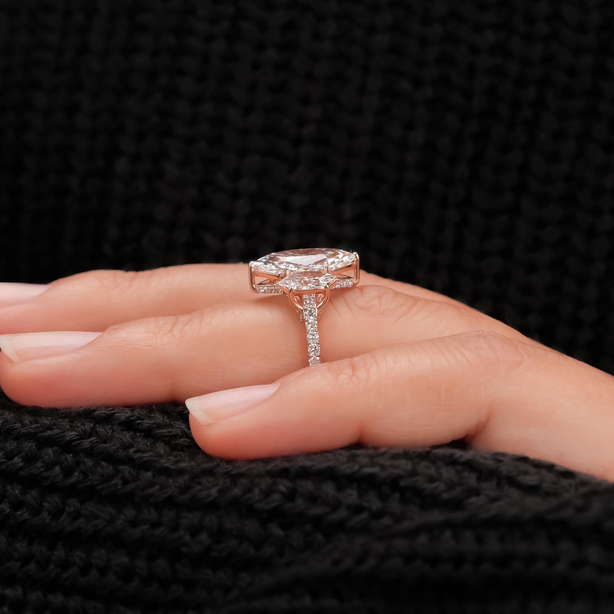 Dutch Marquise Hidden Halo Three-Stone Ring