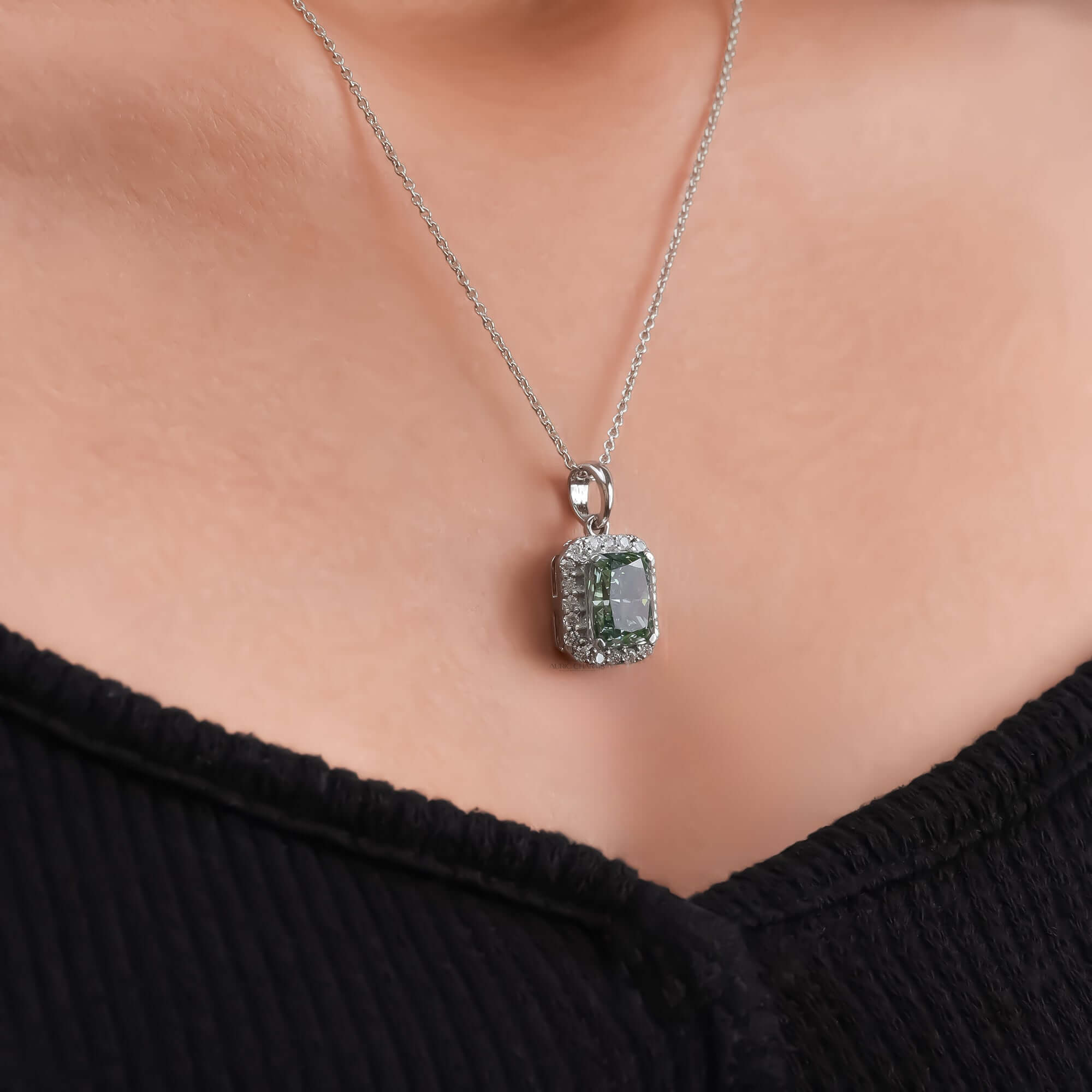 Fancy Green Radiant Cut Lab Grown Diamond Halo Pendant Necklace