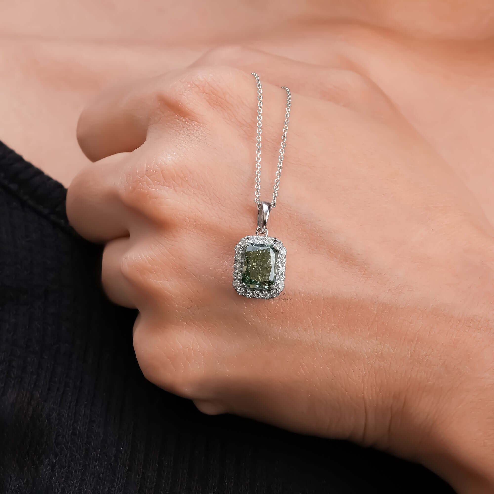 Fancy Green Radiant Cut Lab Grown Diamond Halo Pendant Necklace