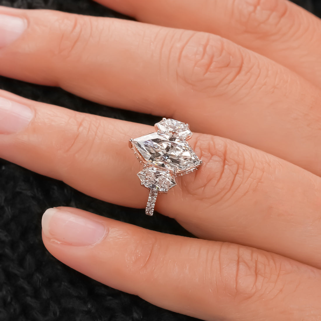 Dutch Marquise Hidden Halo Three-Stone Ring