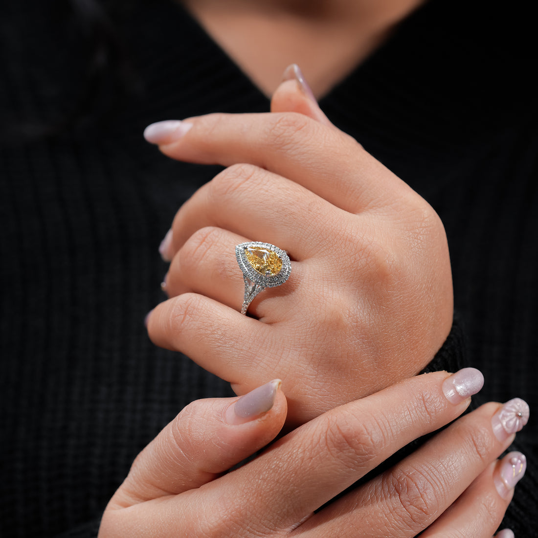 Fancy Yellow Pear Double Halo Ring