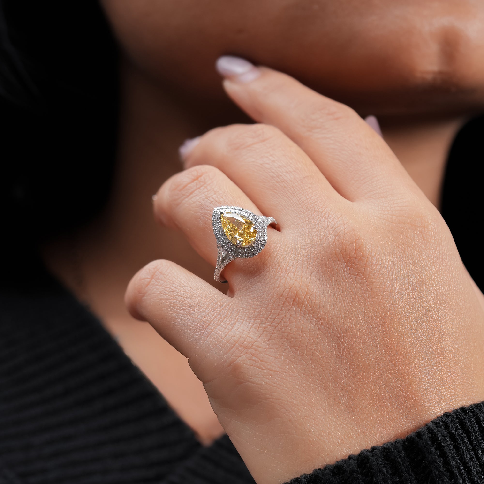 Fancy Yellow Pear Double Halo Ring