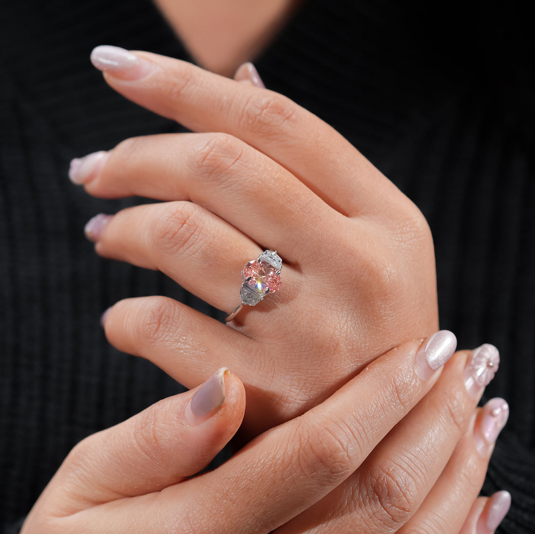 Fancy Pink Oval Three-Stone Ring