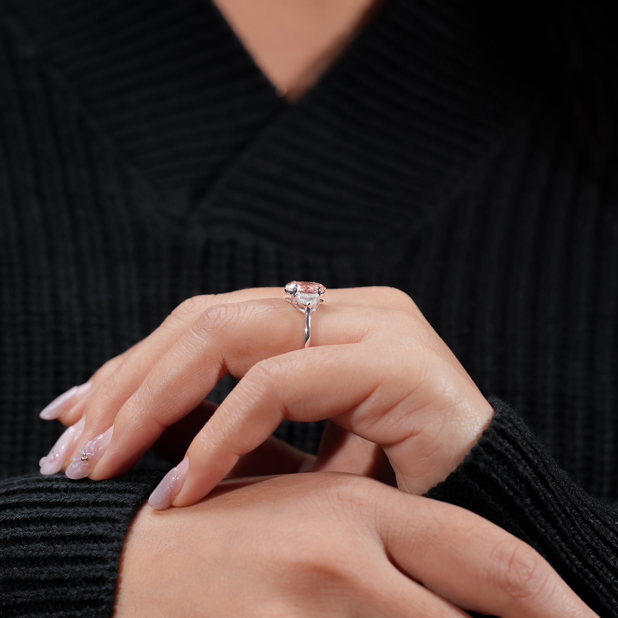 Fancy Pink Oval Three-Stone Ring