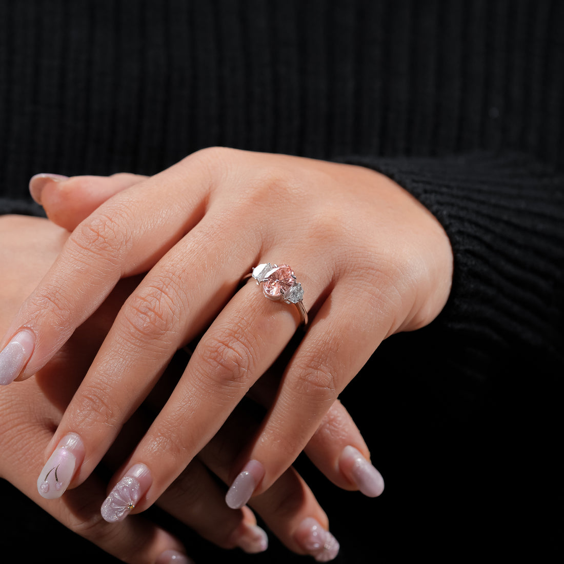 Fancy Pink Oval Three-Stone Ring