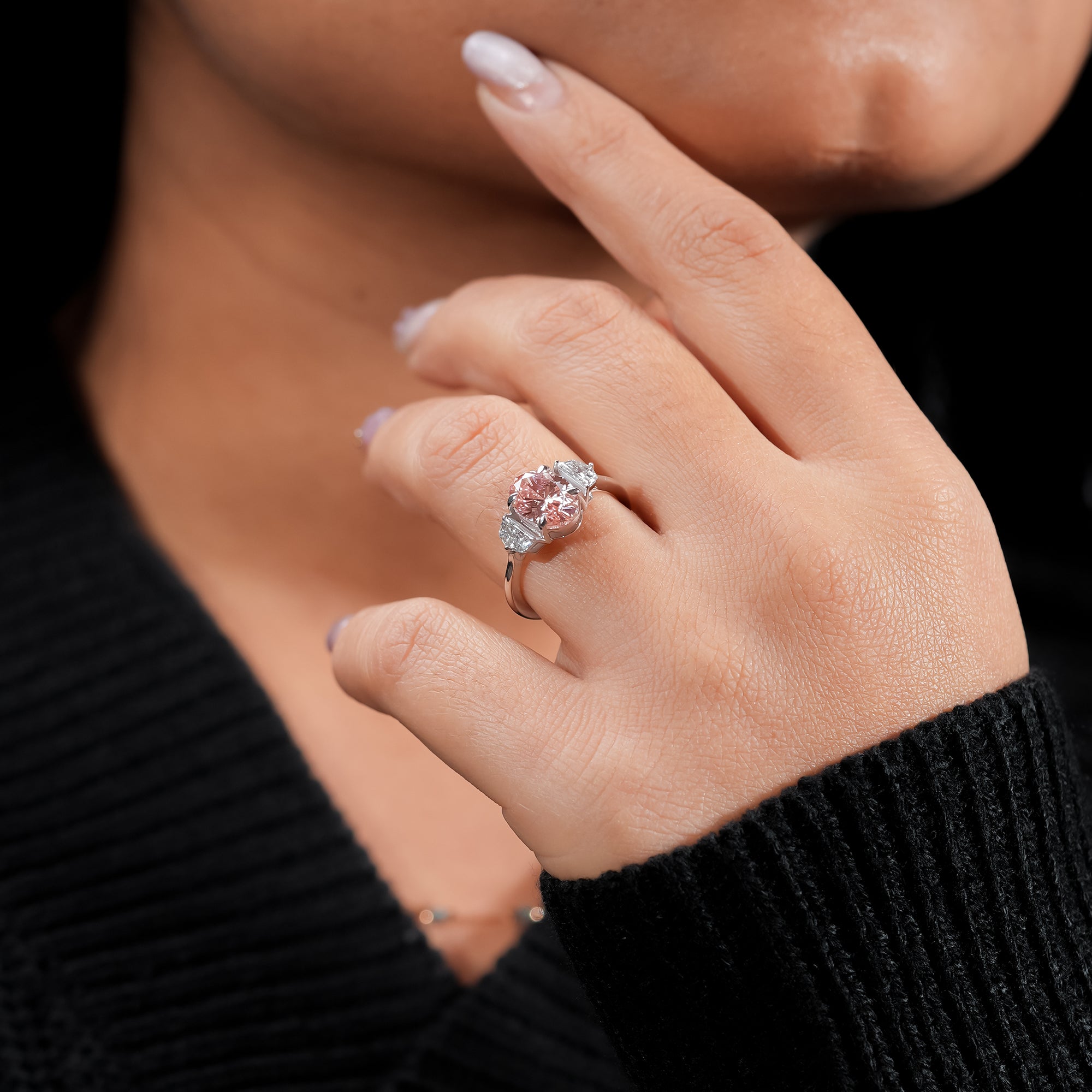Fancy Pink Oval Three-Stone Ring