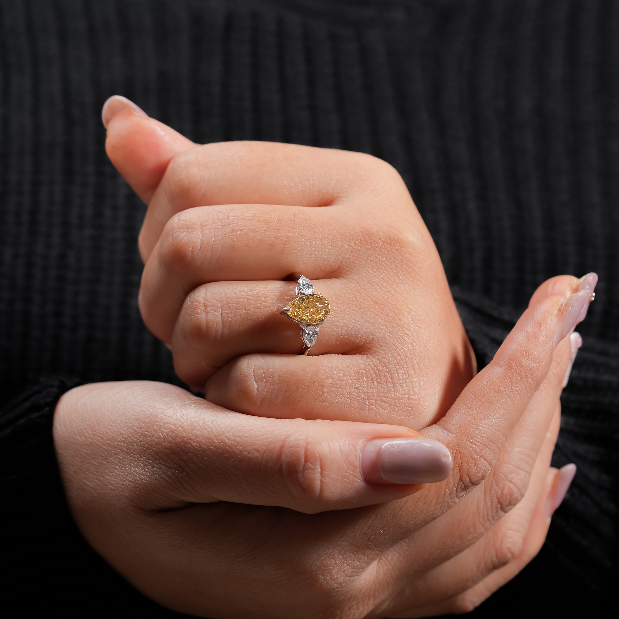 Fancy Yellow Pear Three-Stone Ring
