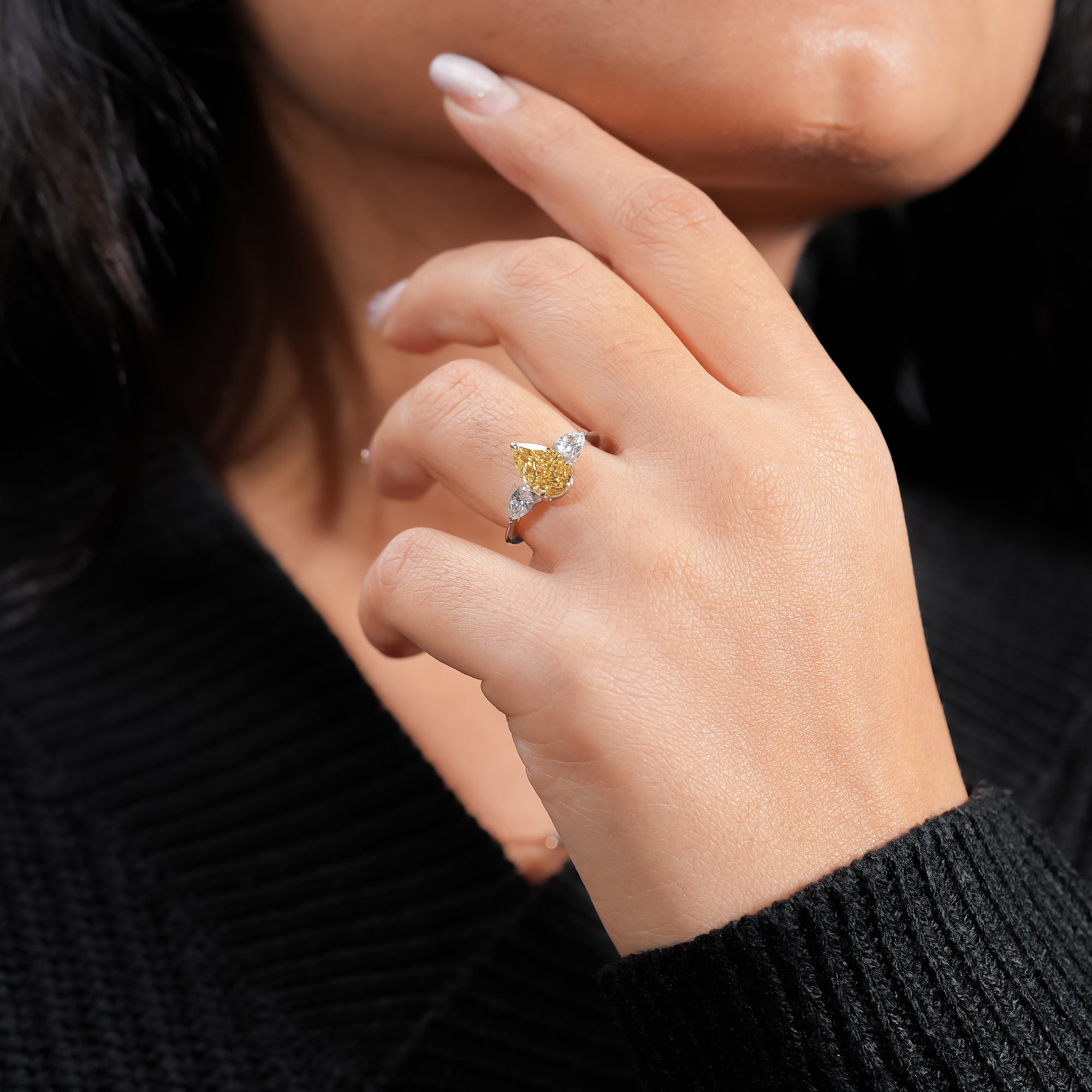 Fancy Yellow Pear Three-Stone Ring