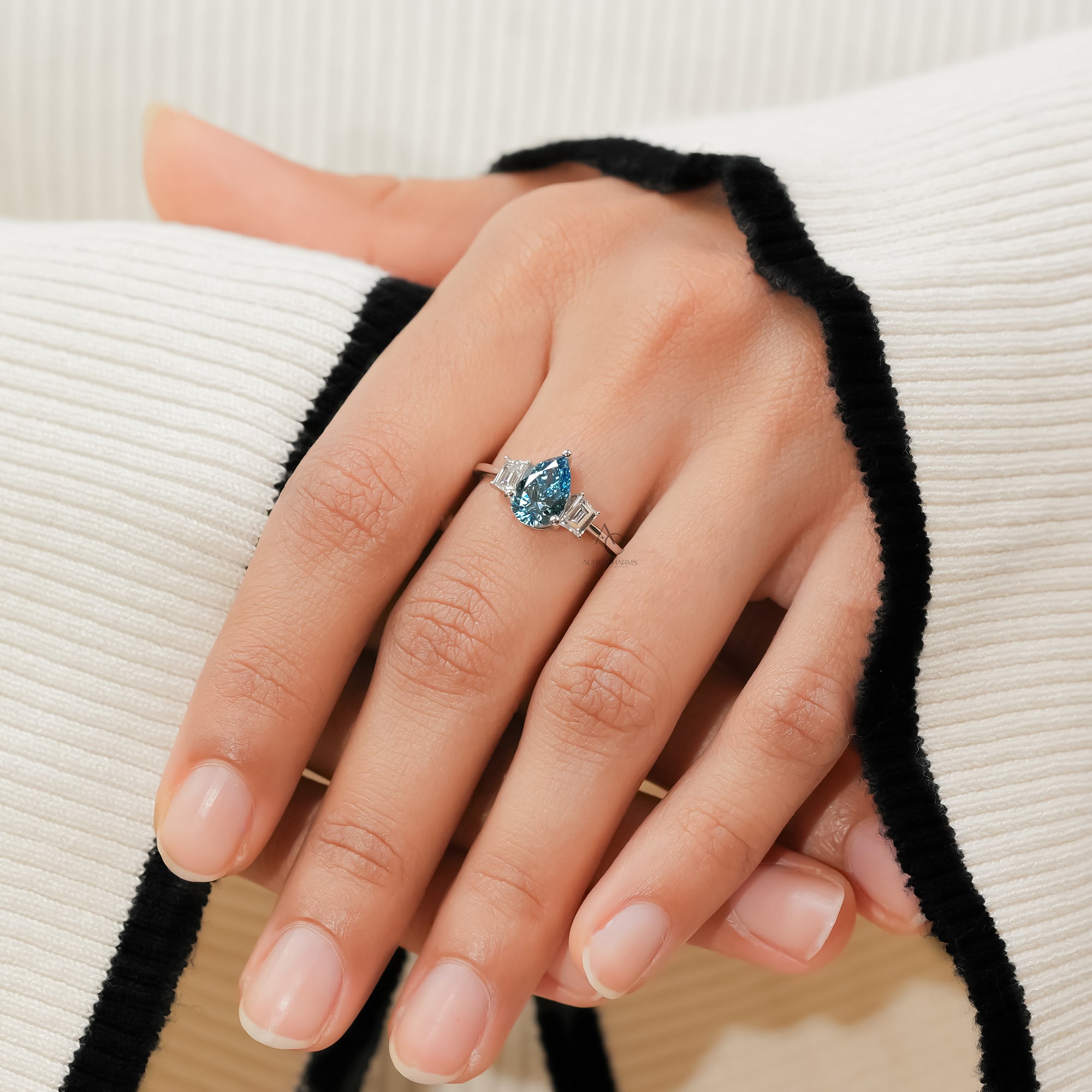 Azure Fire Fancy Blue Pear Diamond Ring