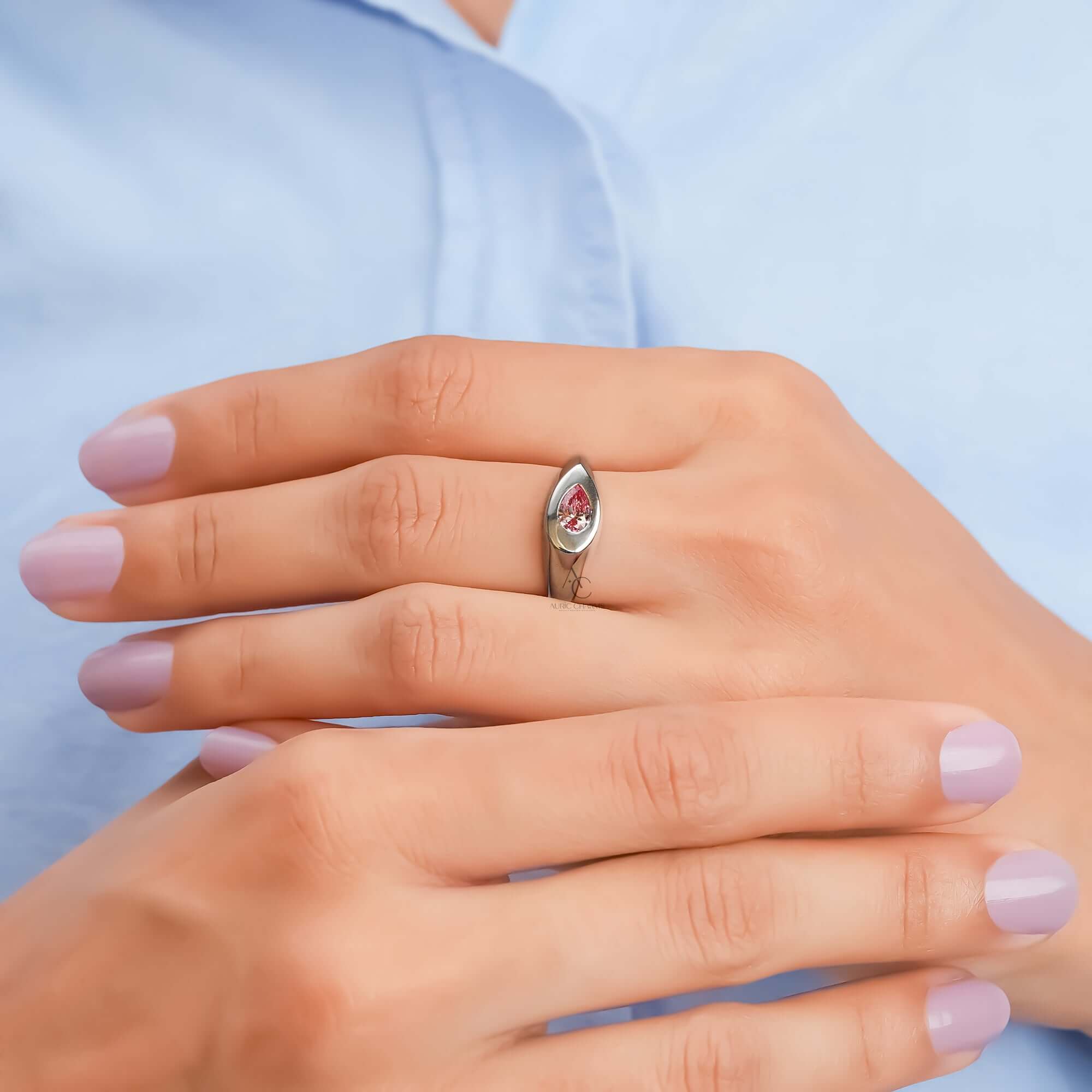 0.40 CT Fancy Vivid Pink Pear Cut Bezel Set Lab Grown Diamond Engagement Ring