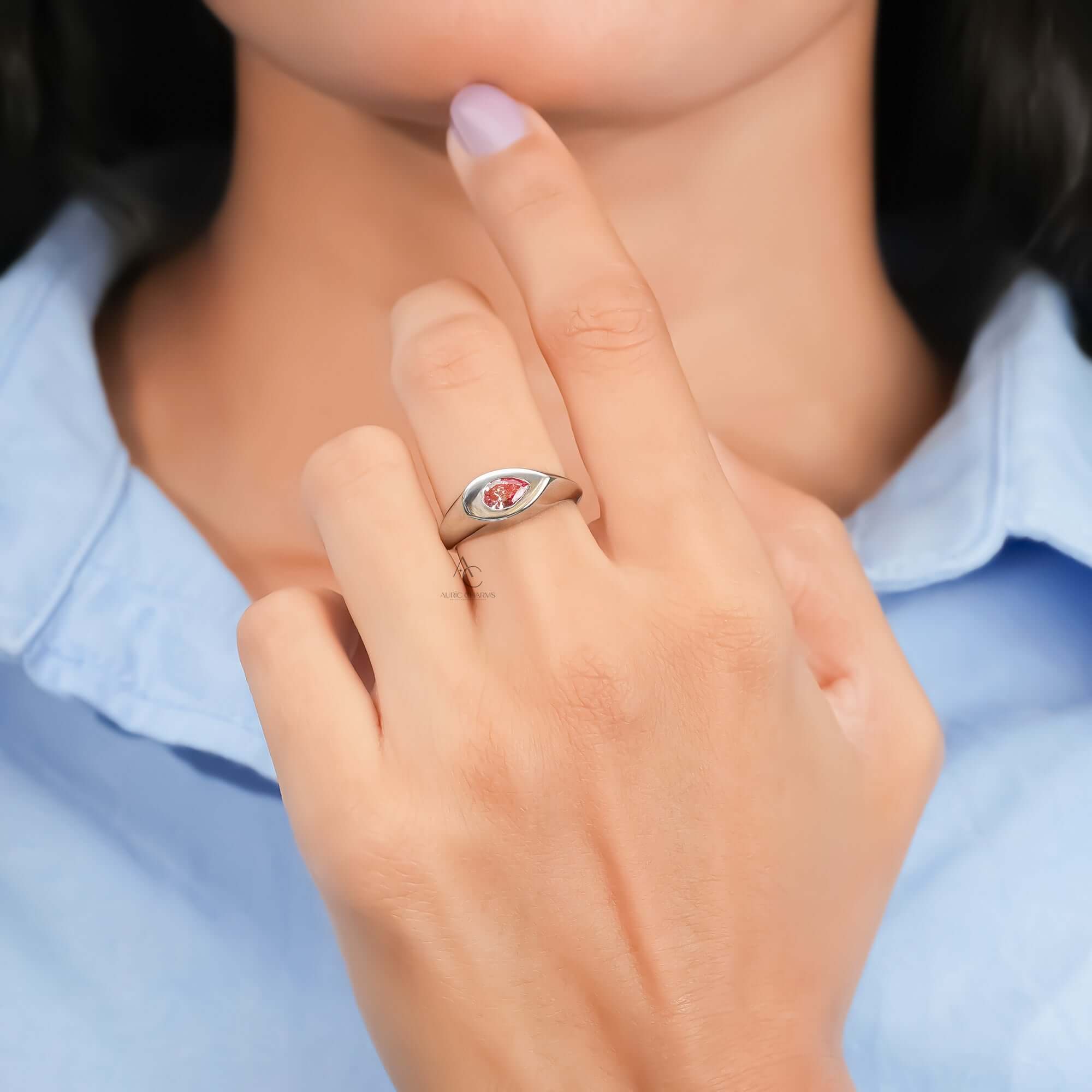 0.40 CT Fancy Vivid Pink Pear Cut Bezel Set Lab Grown Diamond Engagement Ring