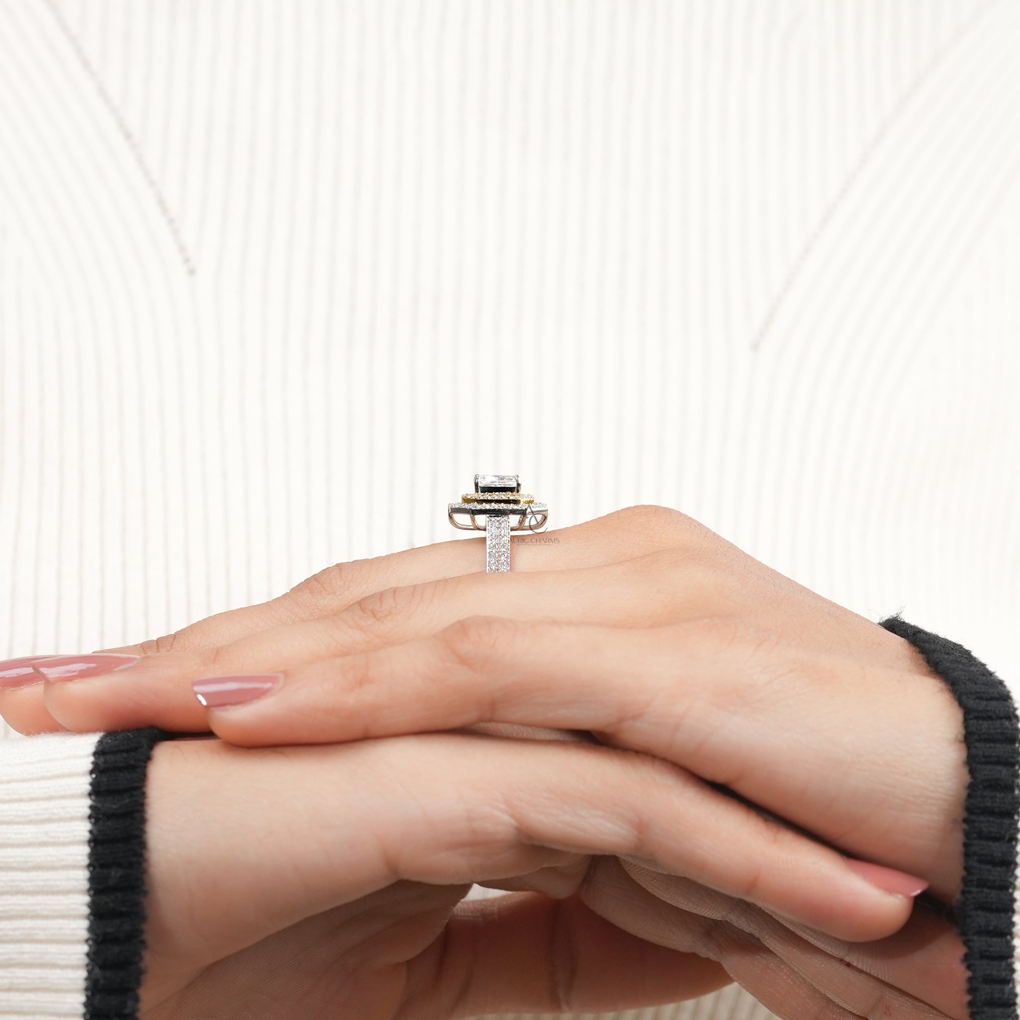 Luxury double-halo radiant-cut diamond ring with brilliant pavé detailing