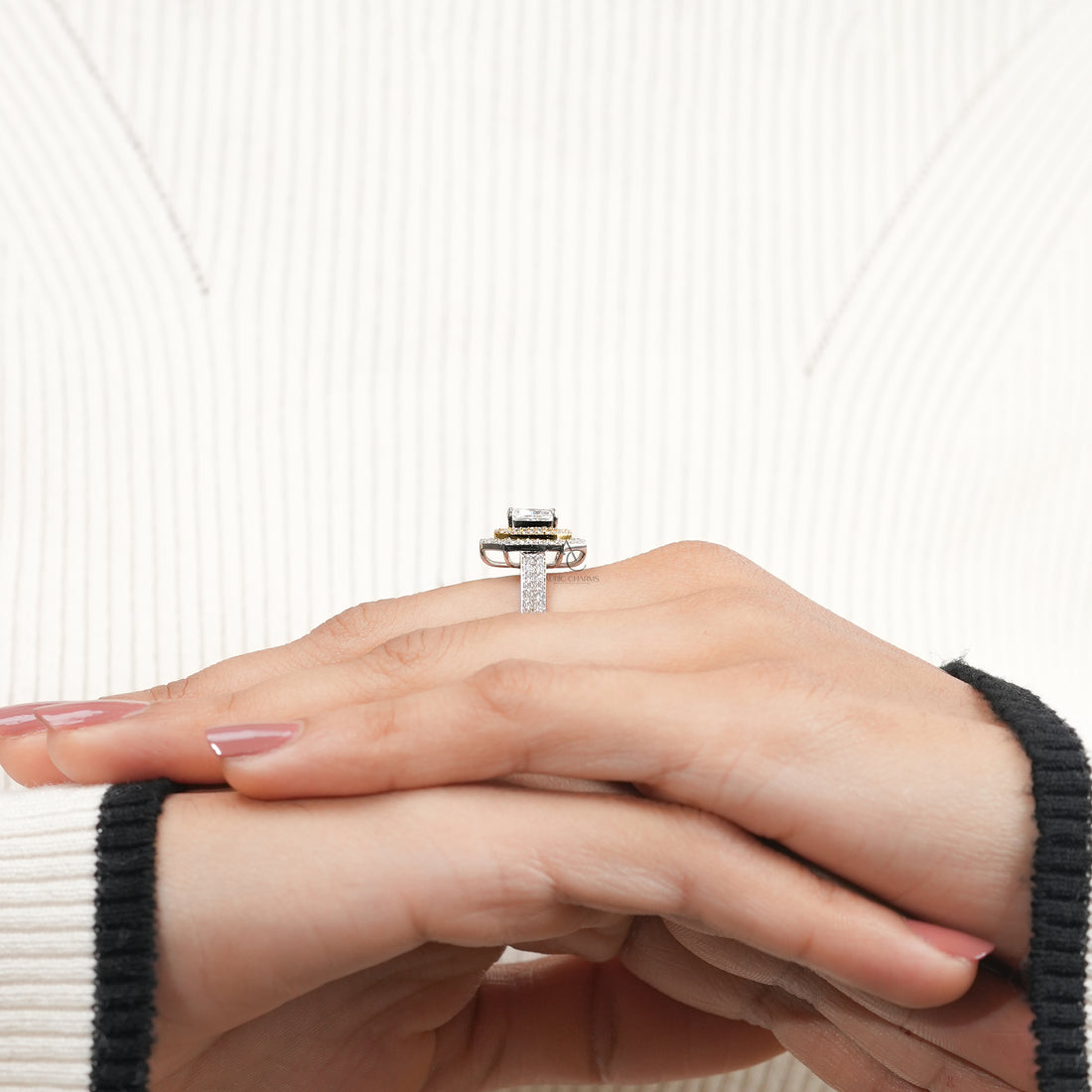 Luxury double-halo radiant-cut diamond ring with brilliant pavé detailing