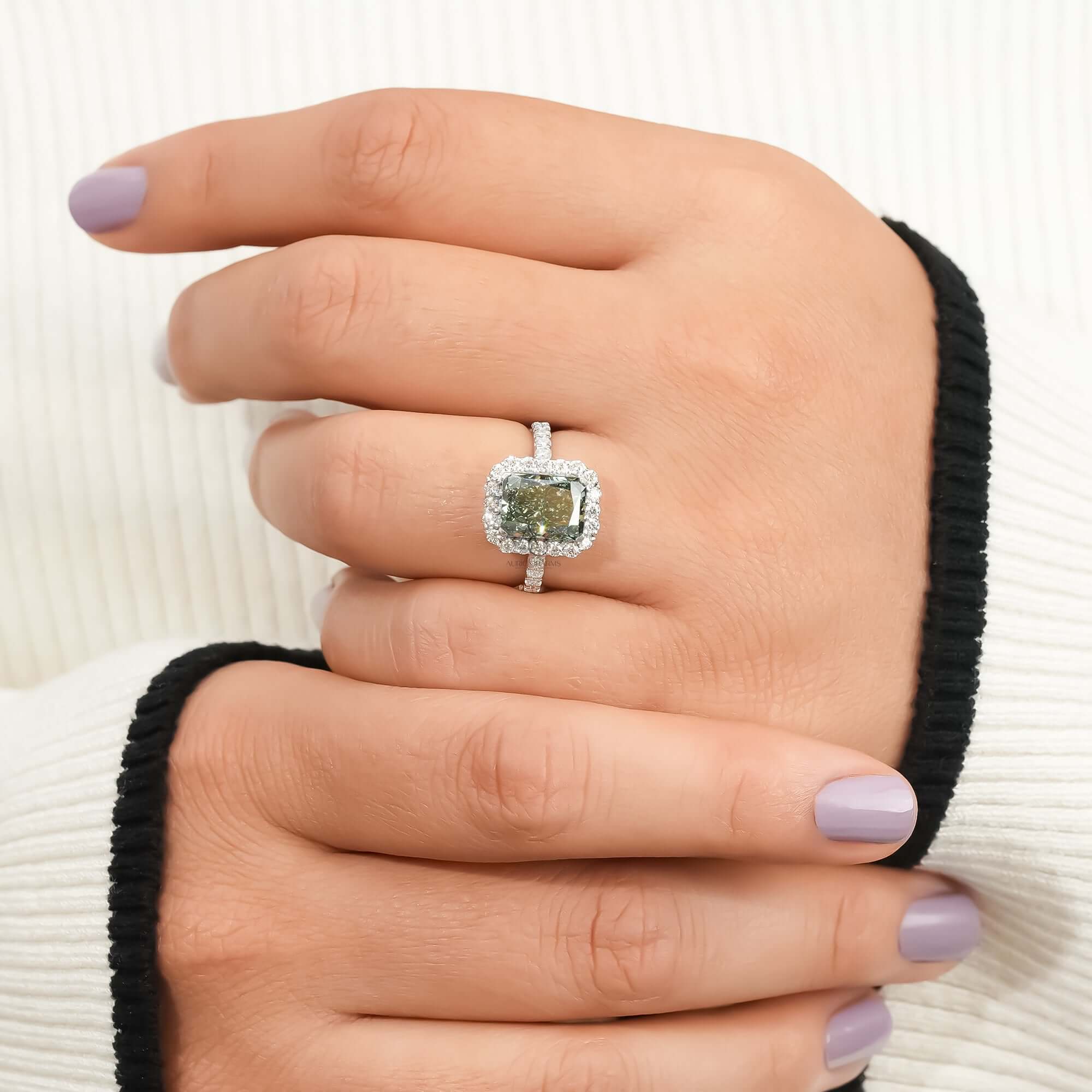 Fancy Vivid Green Radiant Cut Lab Grown Diamond Engagement Ring for Her