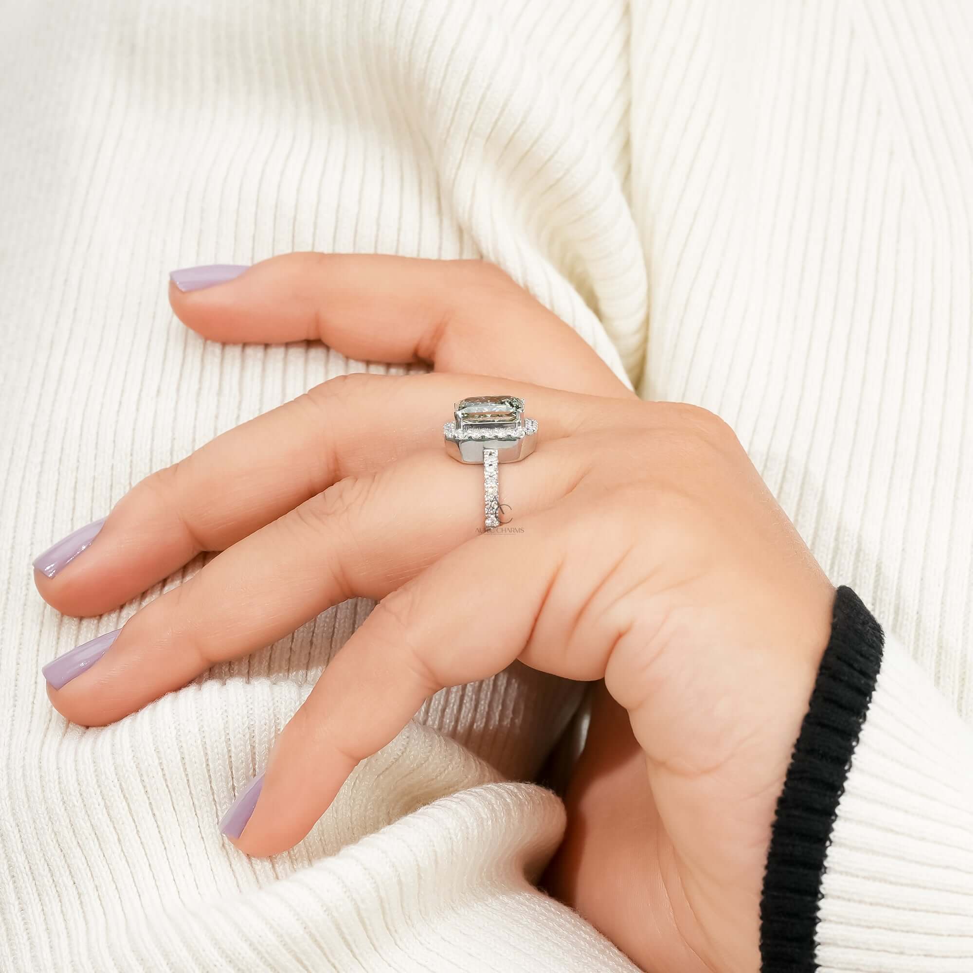 Fancy Vivid Green Radiant Cut Lab Grown Diamond Engagement Ring for Her