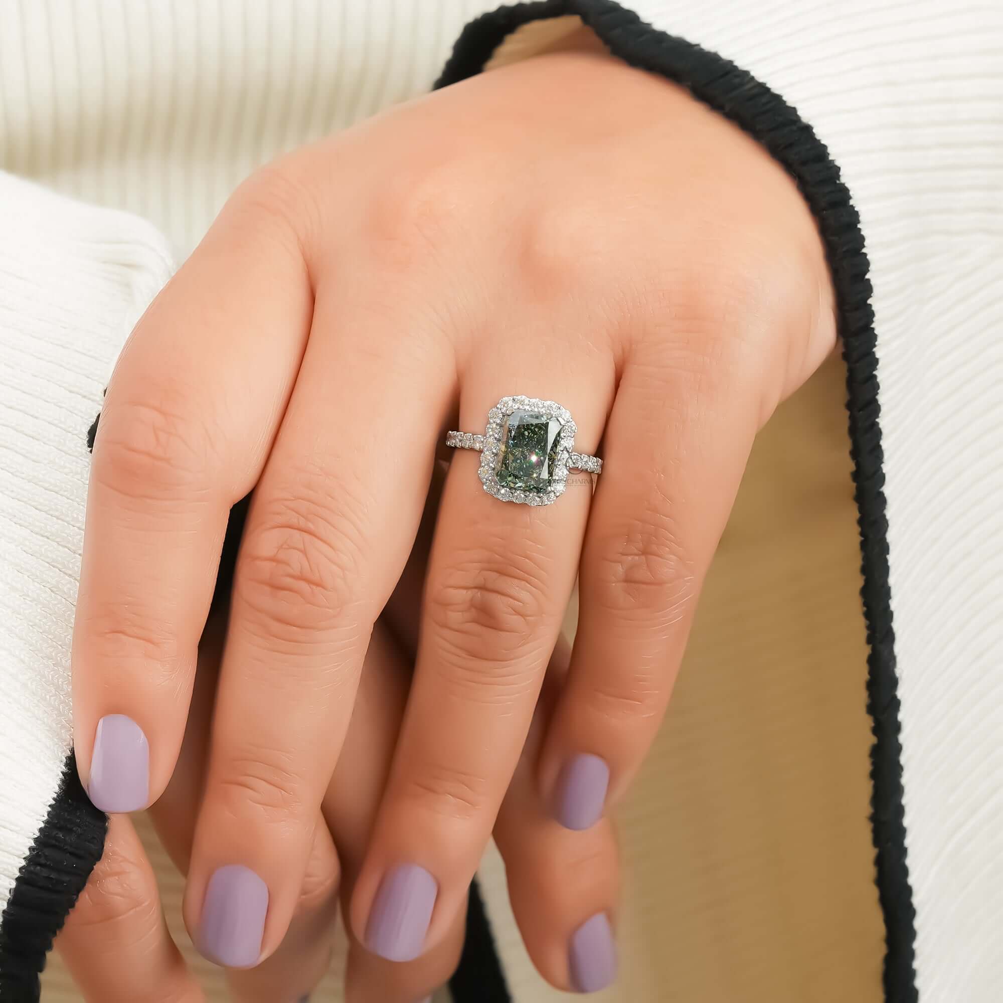 Fancy Vivid Green Radiant Cut Lab Grown Diamond Engagement Ring for Her