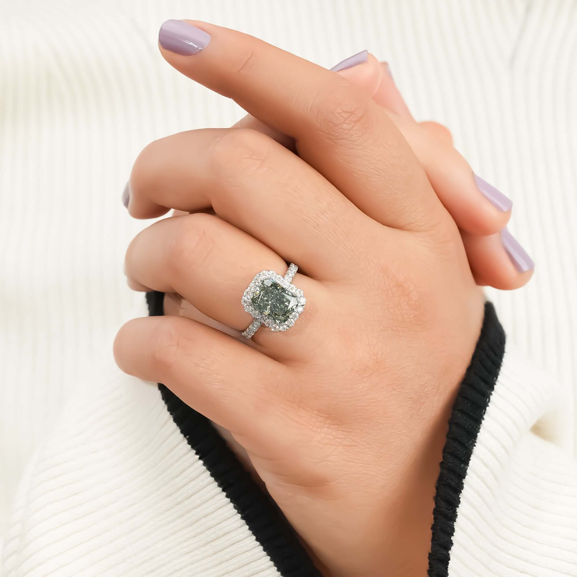 Fancy Vivid Green Radiant Cut Lab Grown Diamond Engagement Ring for Her