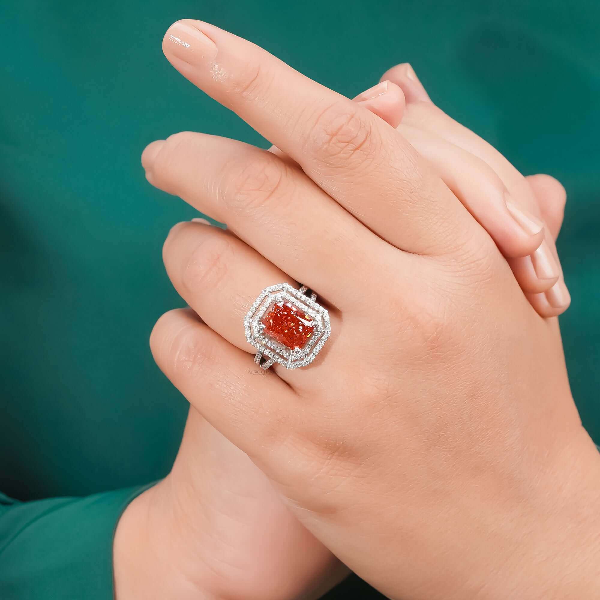 Fancy Vivid Pink Radiant Cut Halo Lab Grown Diamond Engagement Ring for Her