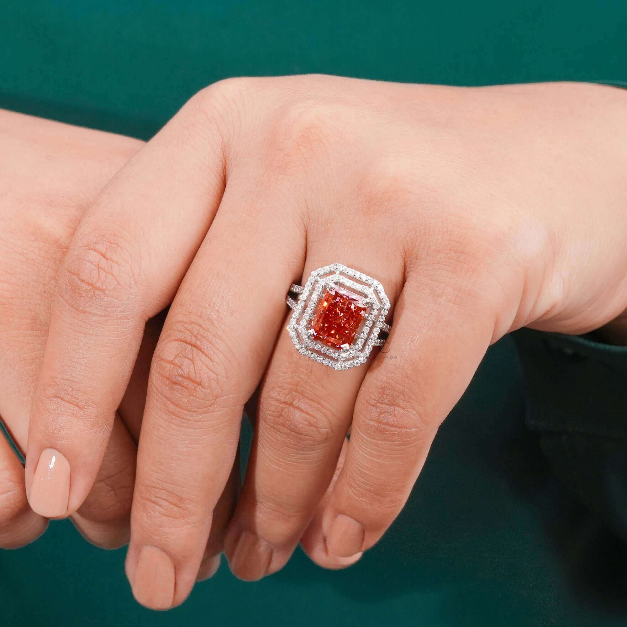 Fancy Vivid Pink Radiant Cut Halo Lab Grown Diamond Engagement Ring for Her