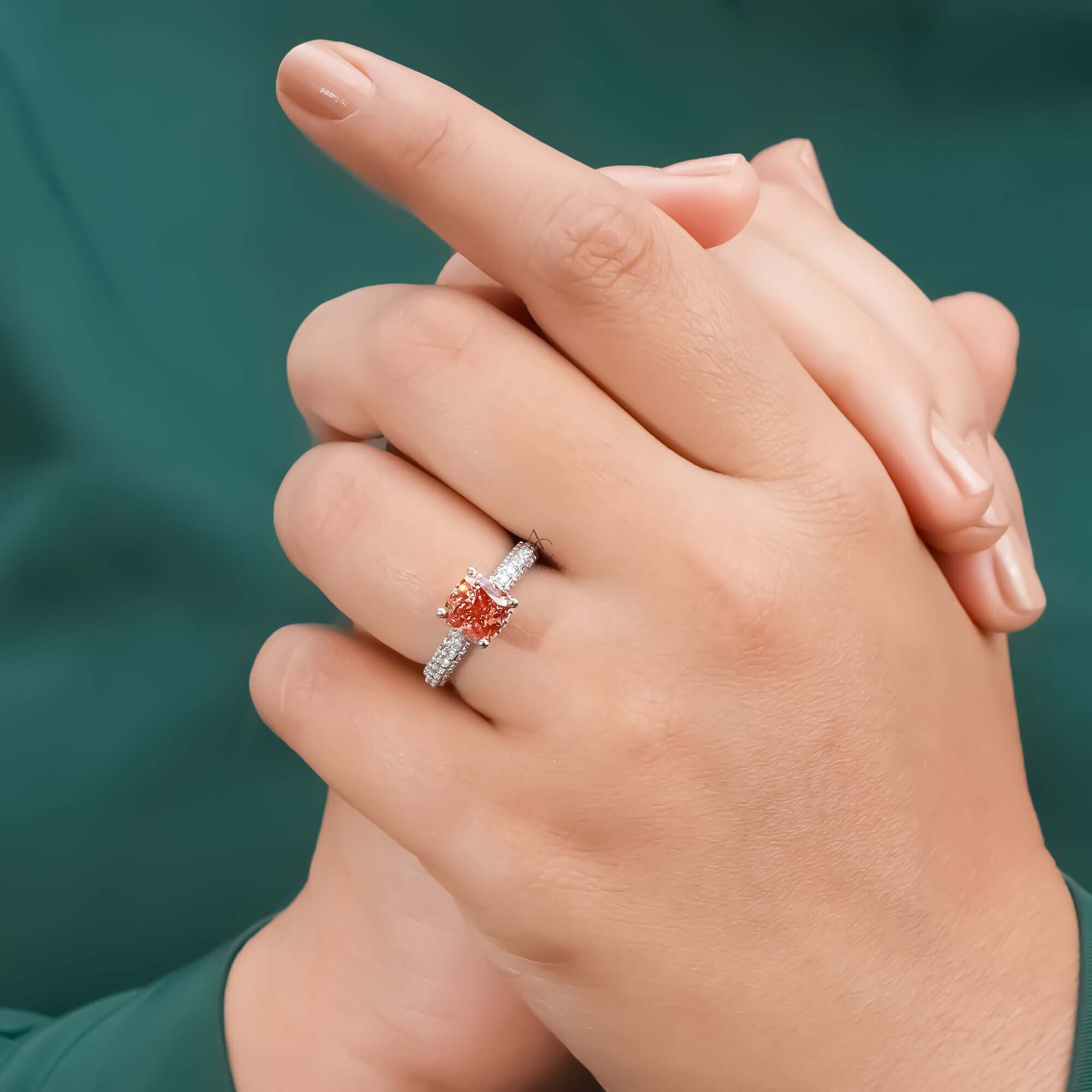 Fancy Vivid Pink Cushion Cut Hidden Halo-Pave Lab Grown Diamond Engagement Ring