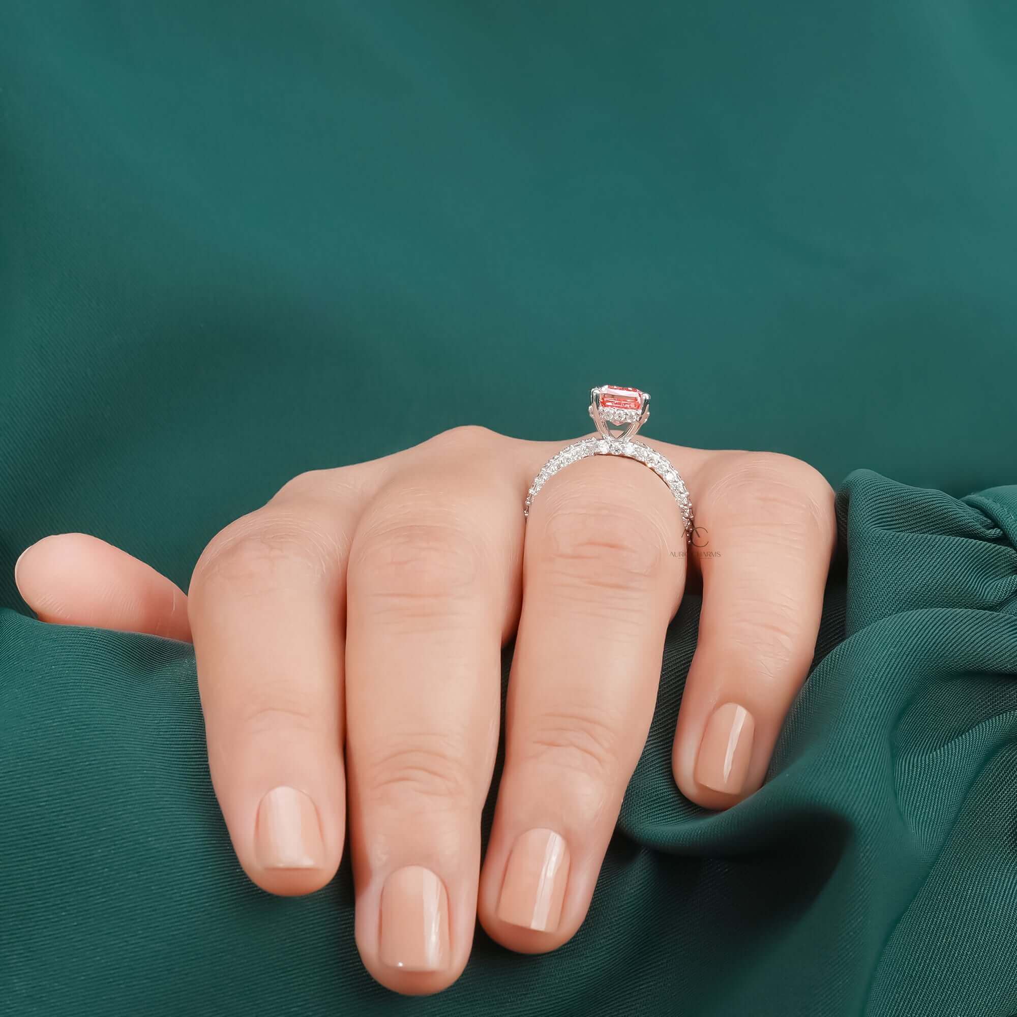 Fancy Vivid Pink Cushion Cut Hidden Halo-Pave Lab Grown Diamond Engagement Ring