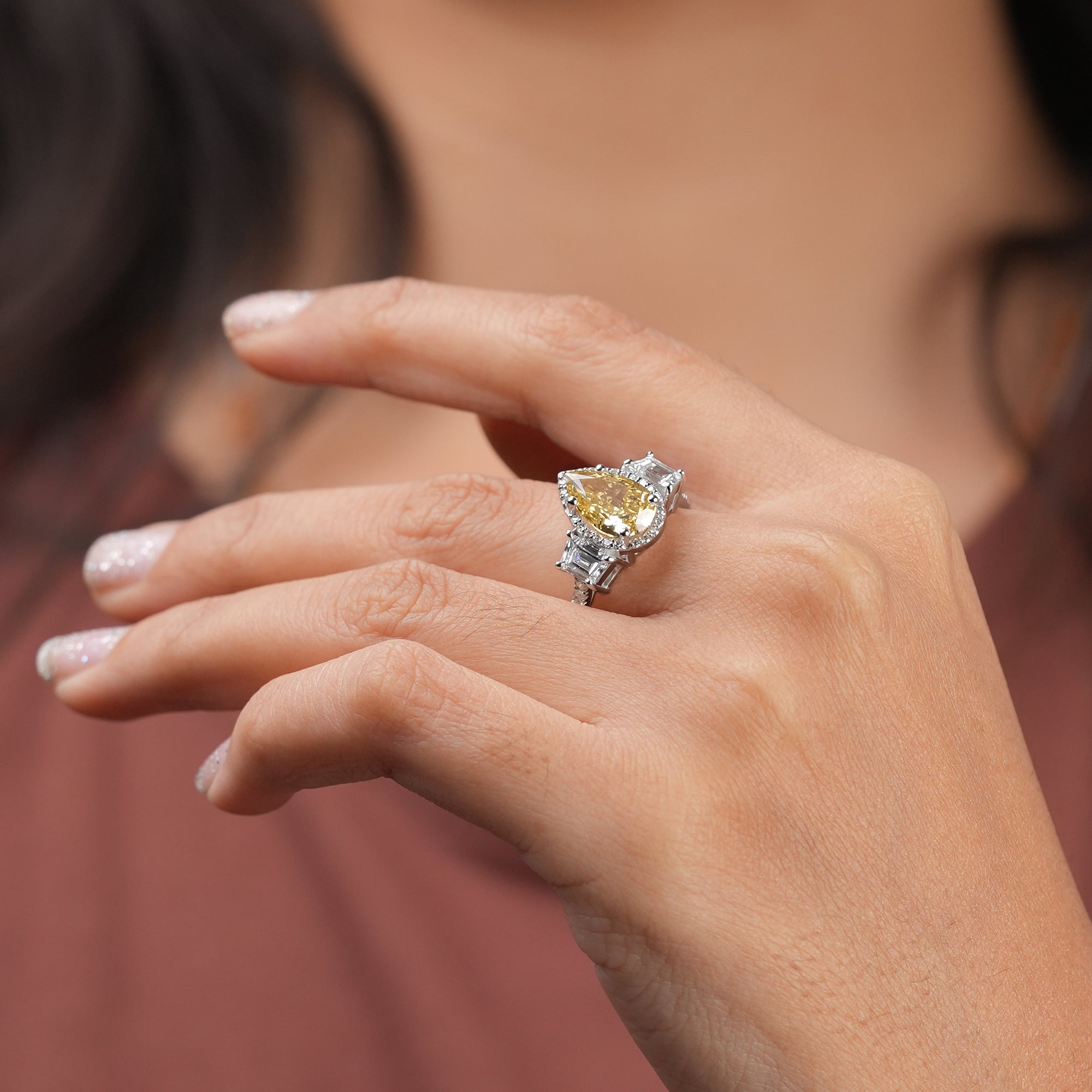 Fancy Yellow Pear Three-Stone Ring