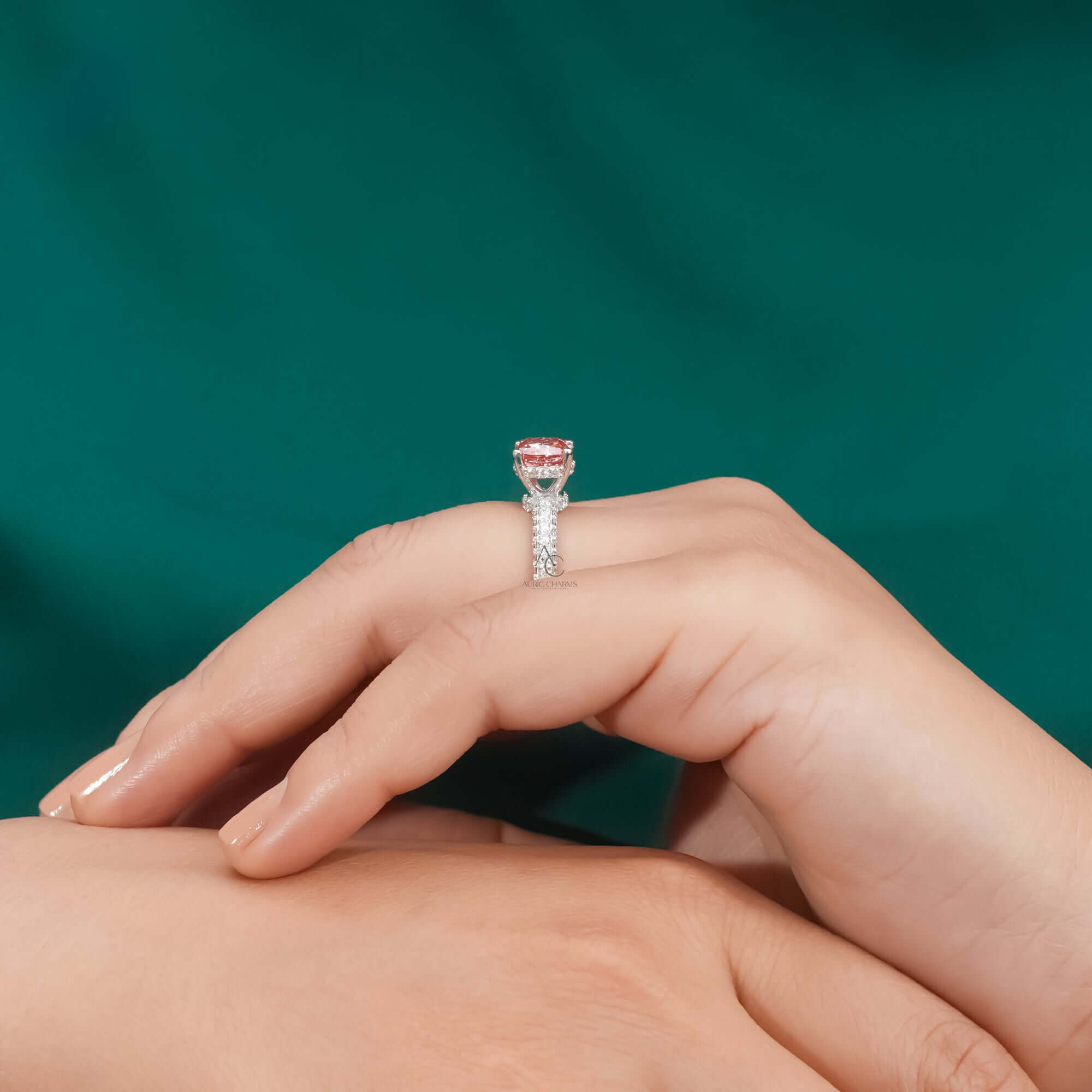 Fancy Vivid Pink Cushion Cut Hidden Halo-Pave Lab Grown Diamond Engagement Ring