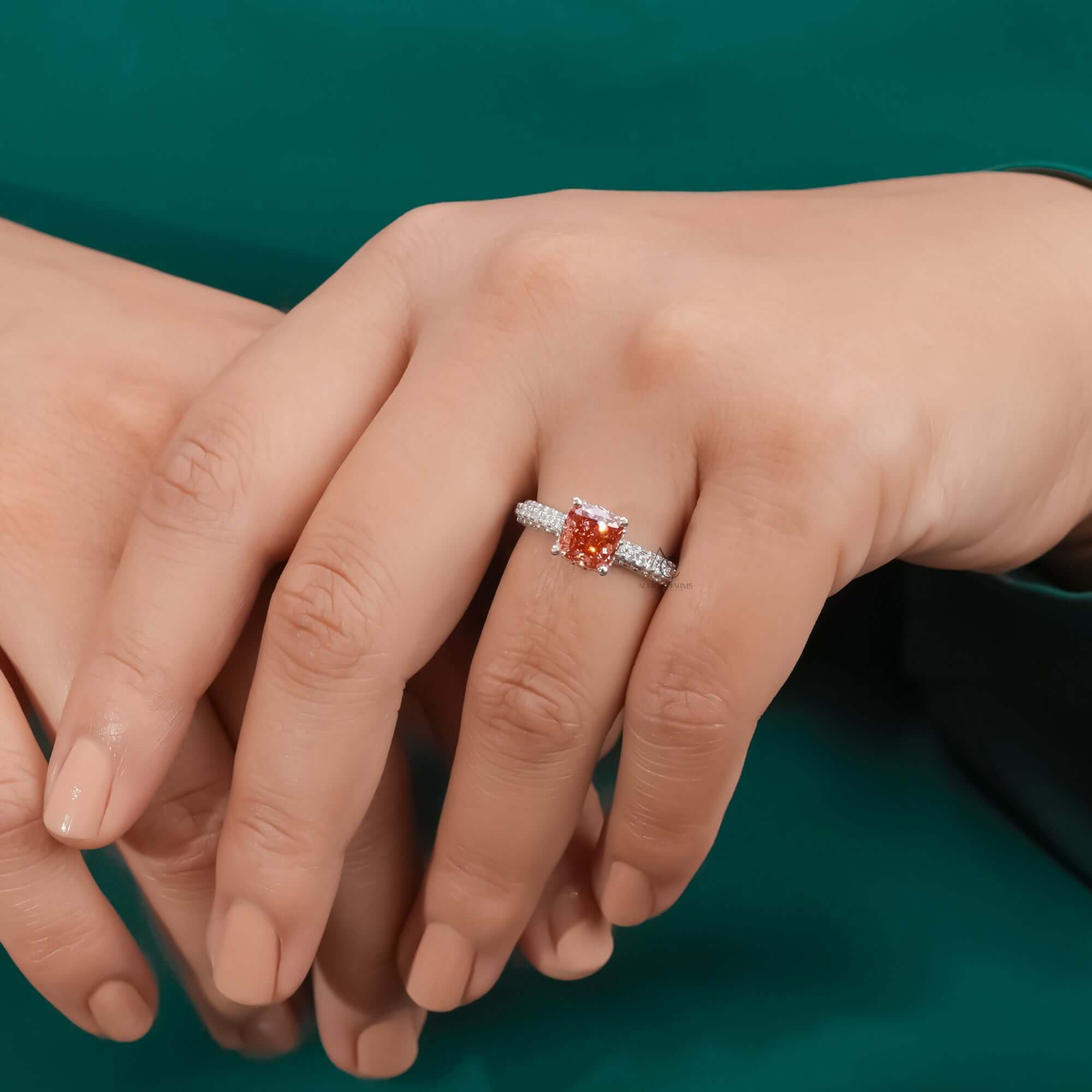 Fancy Vivid Pink Cushion Cut Hidden Halo-Pave Lab Grown Diamond Engagement Ring