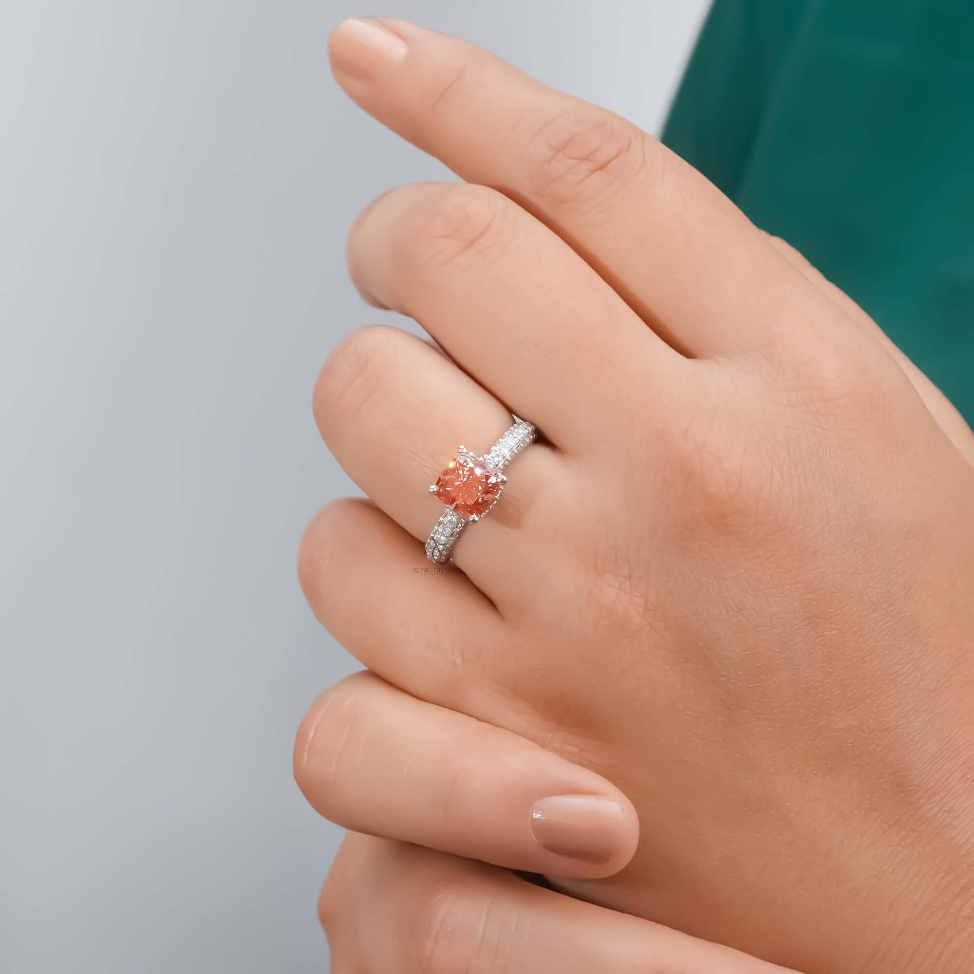 Fancy Vivid Pink Cushion Cut Hidden Halo-Pave Lab Grown Diamond Engagement Ring