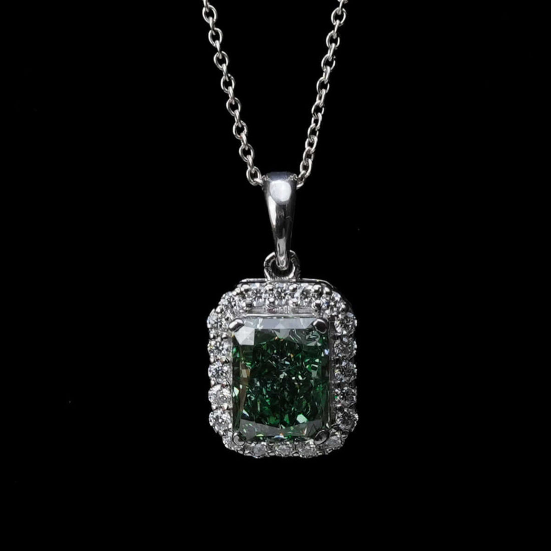 Fancy Green Radiant Cut Lab Grown Diamond Halo Pendant Necklace