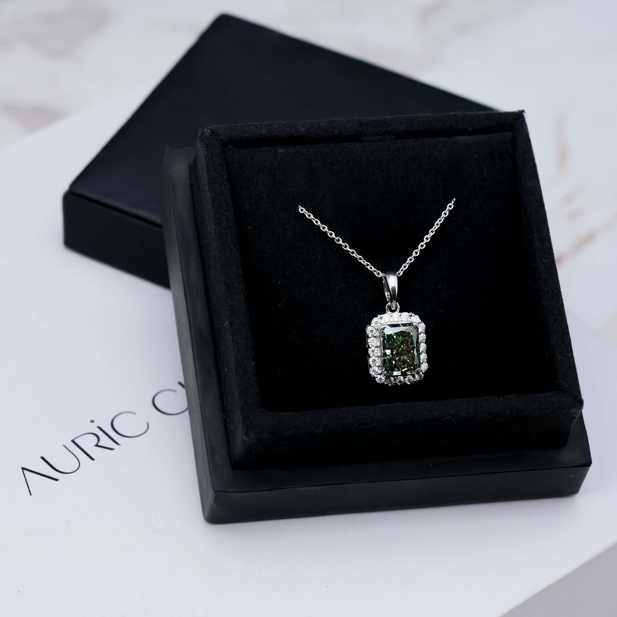 Fancy Green Radiant Cut Lab Grown Diamond Halo Pendant Necklace
