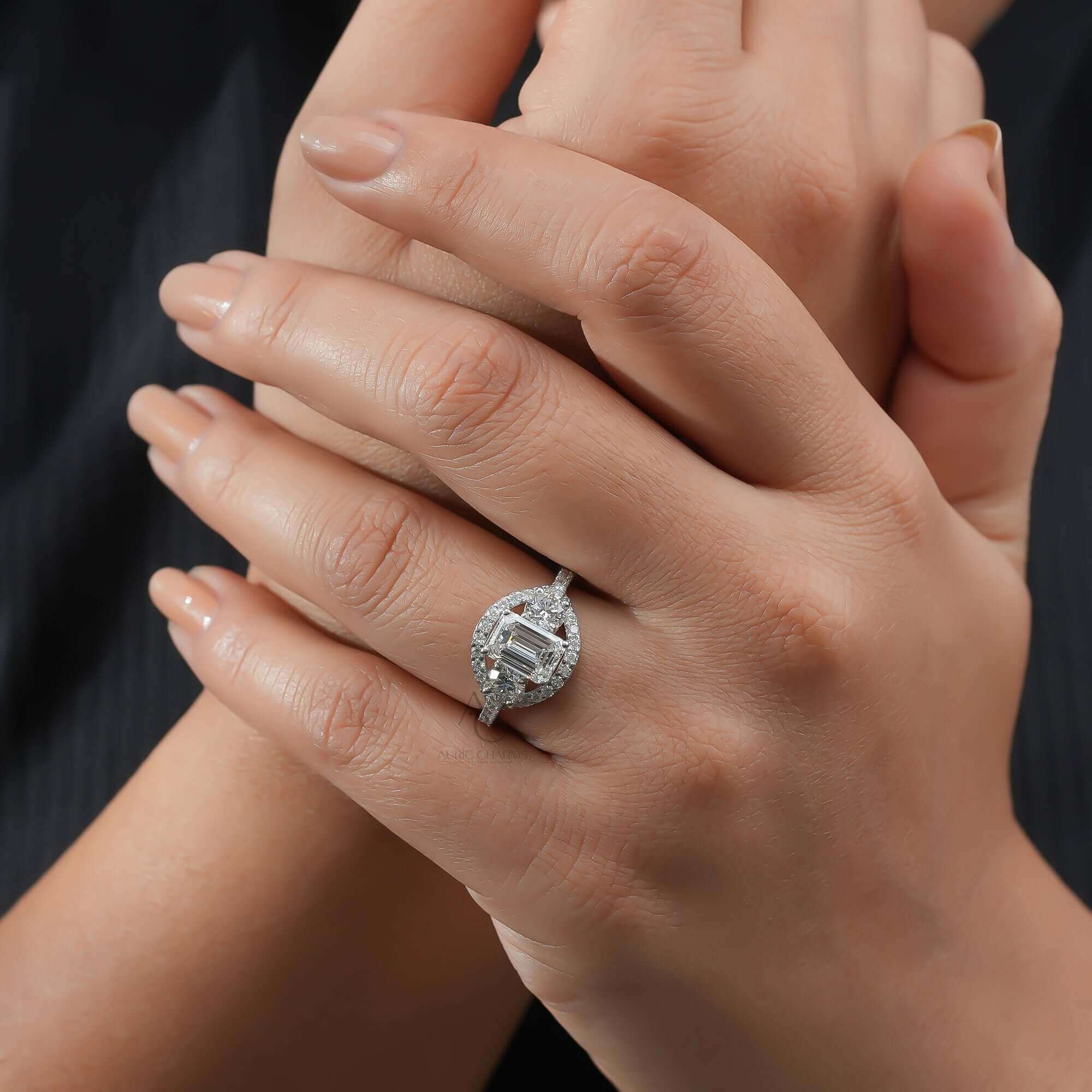 Monroe Emerald Split Shank Three-Stone Diamond Ring