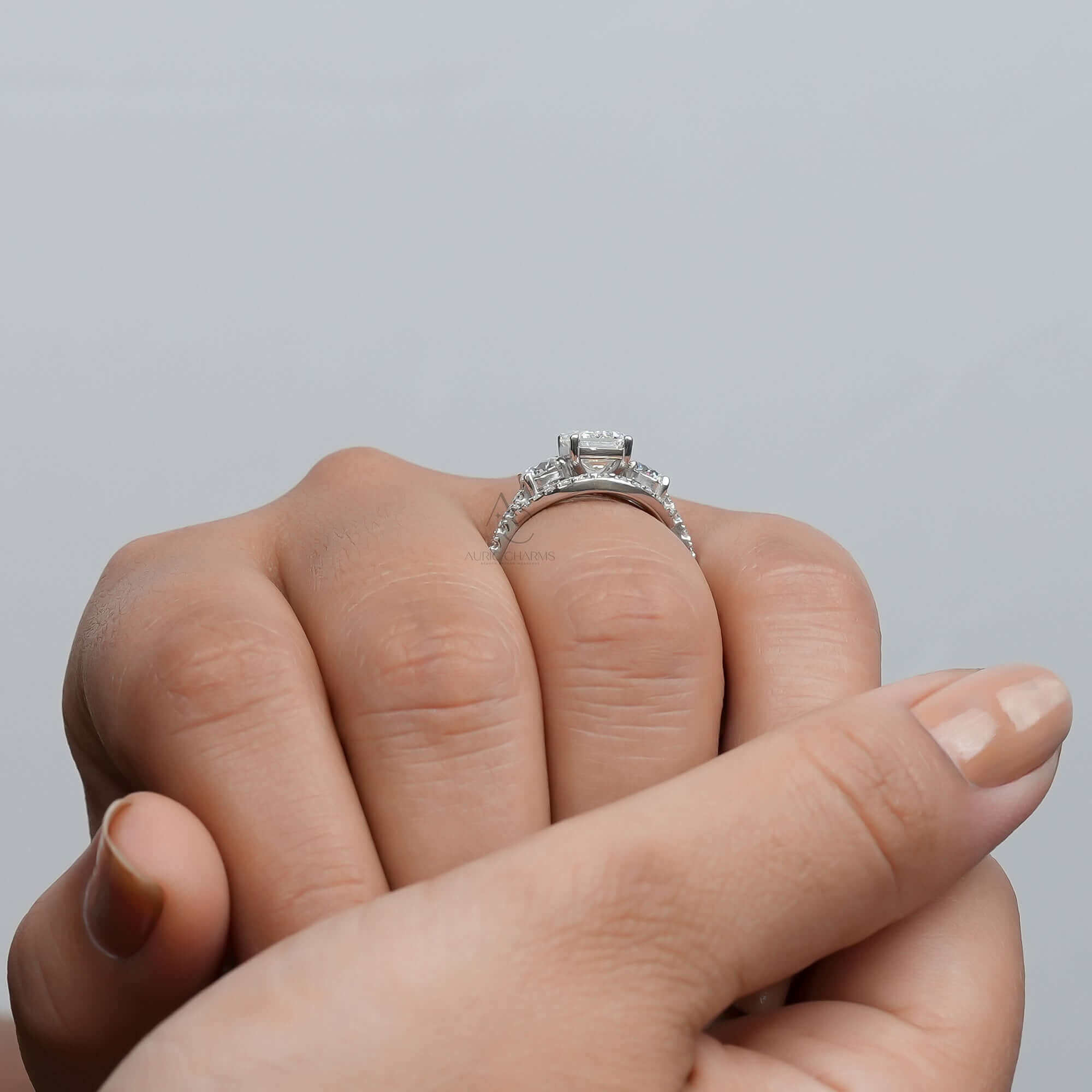 Monroe Emerald Split Shank Three-Stone Diamond Ring