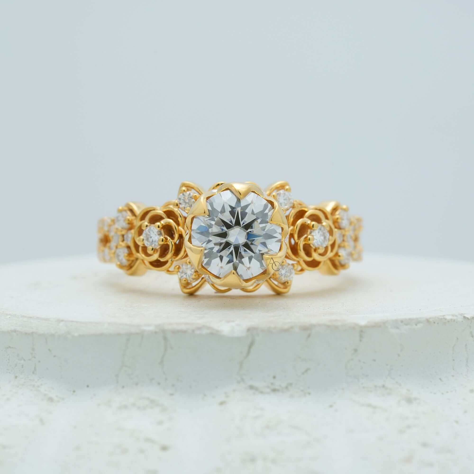 Celestine Filigree Halo Ring in Royal Gold