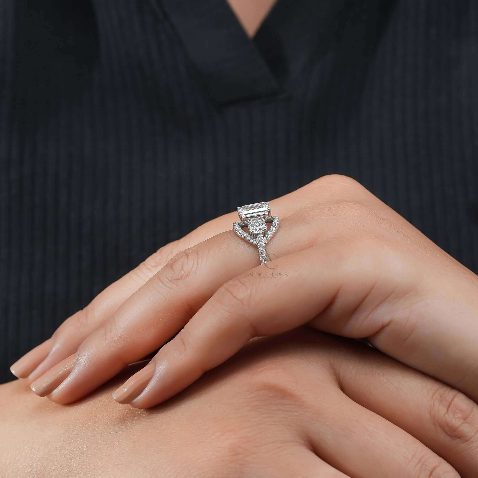 Monroe Emerald Split Shank Three-Stone Diamond Ring