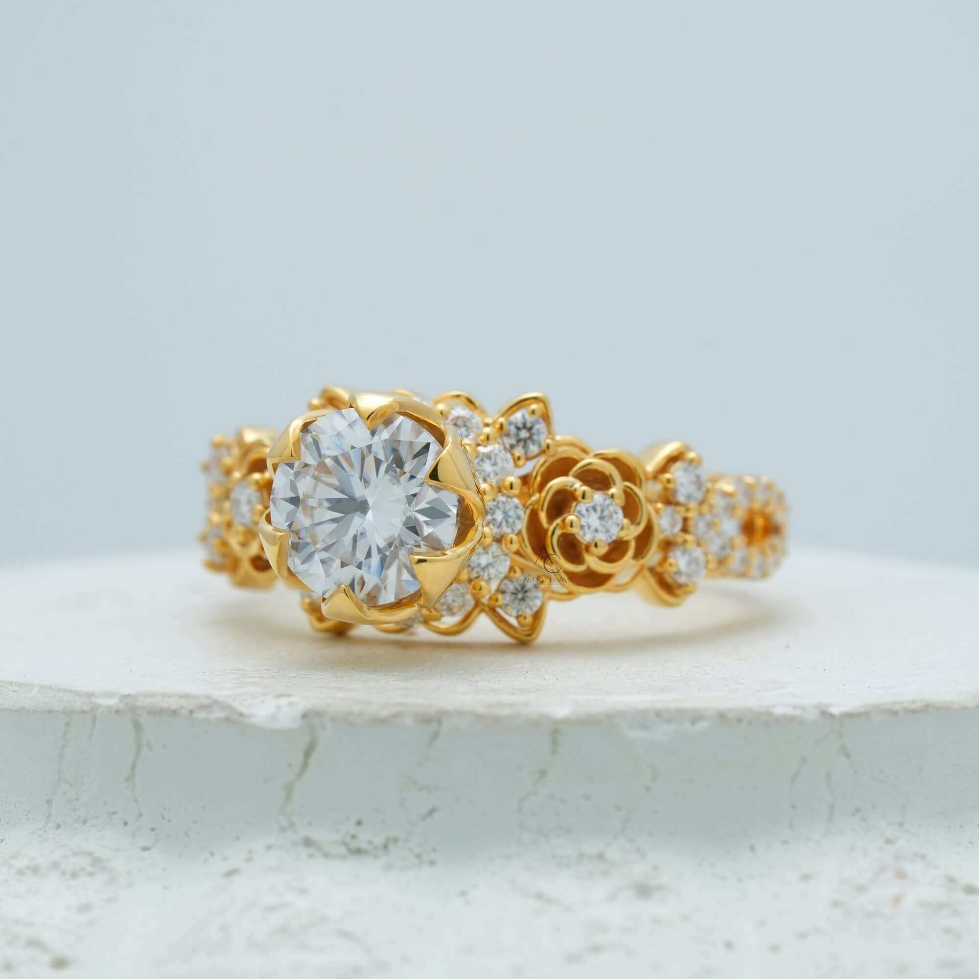 Celestine Filigree Halo Ring in Royal Gold