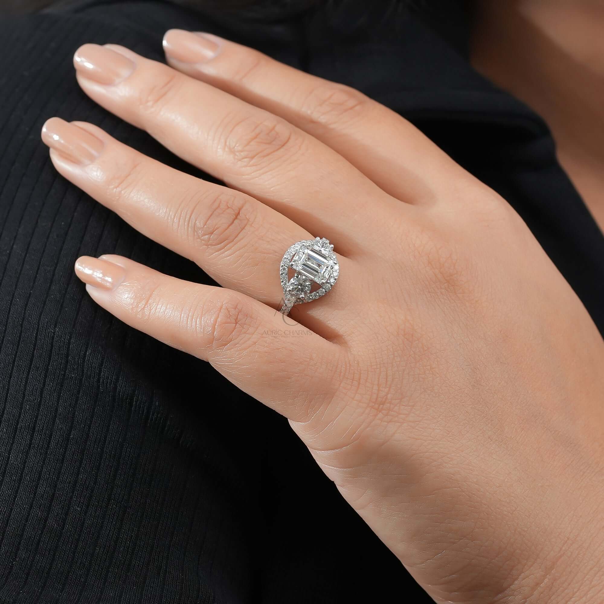 Monroe Emerald Split Shank Three-Stone Diamond Ring