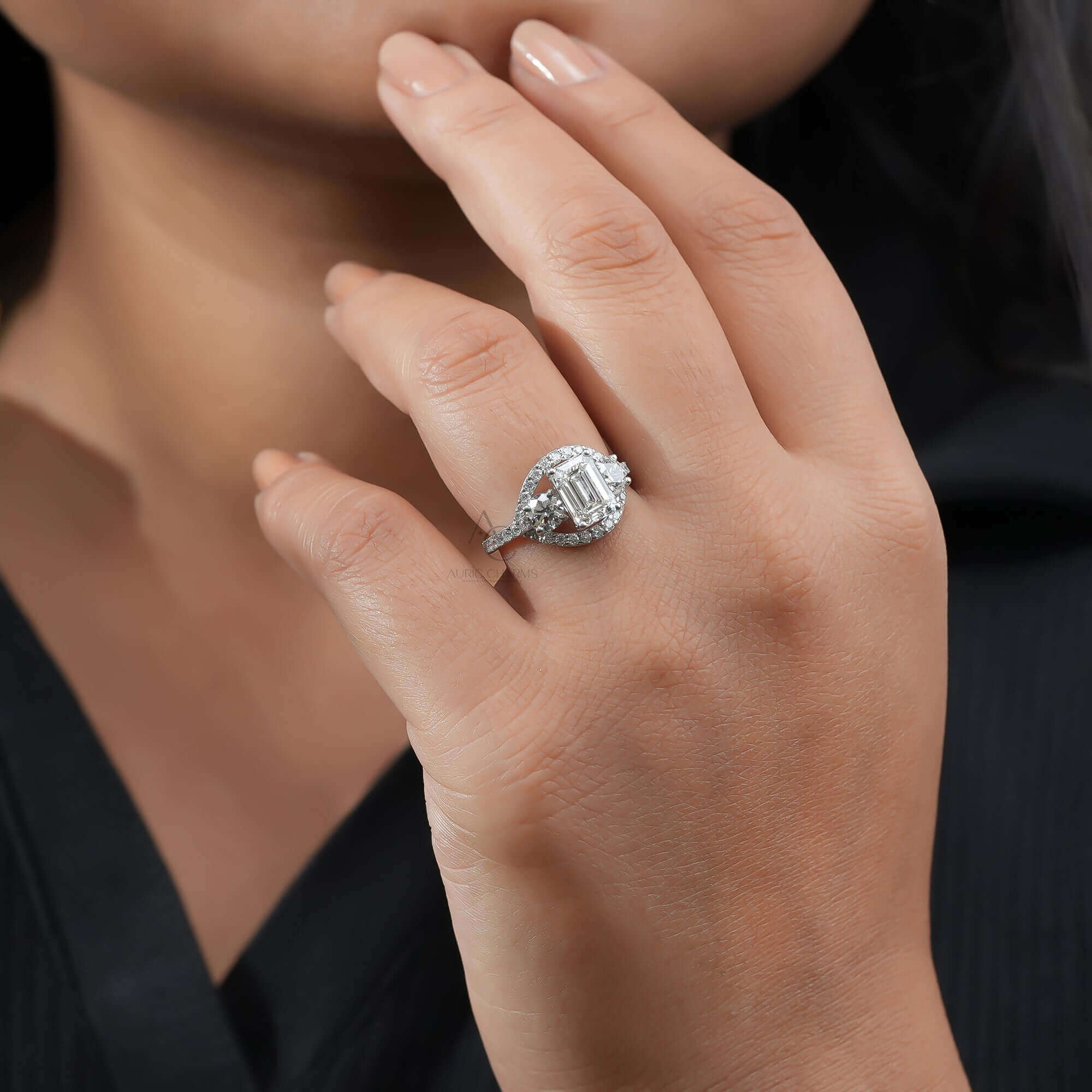 Monroe Emerald Split Shank Three-Stone Diamond Ring