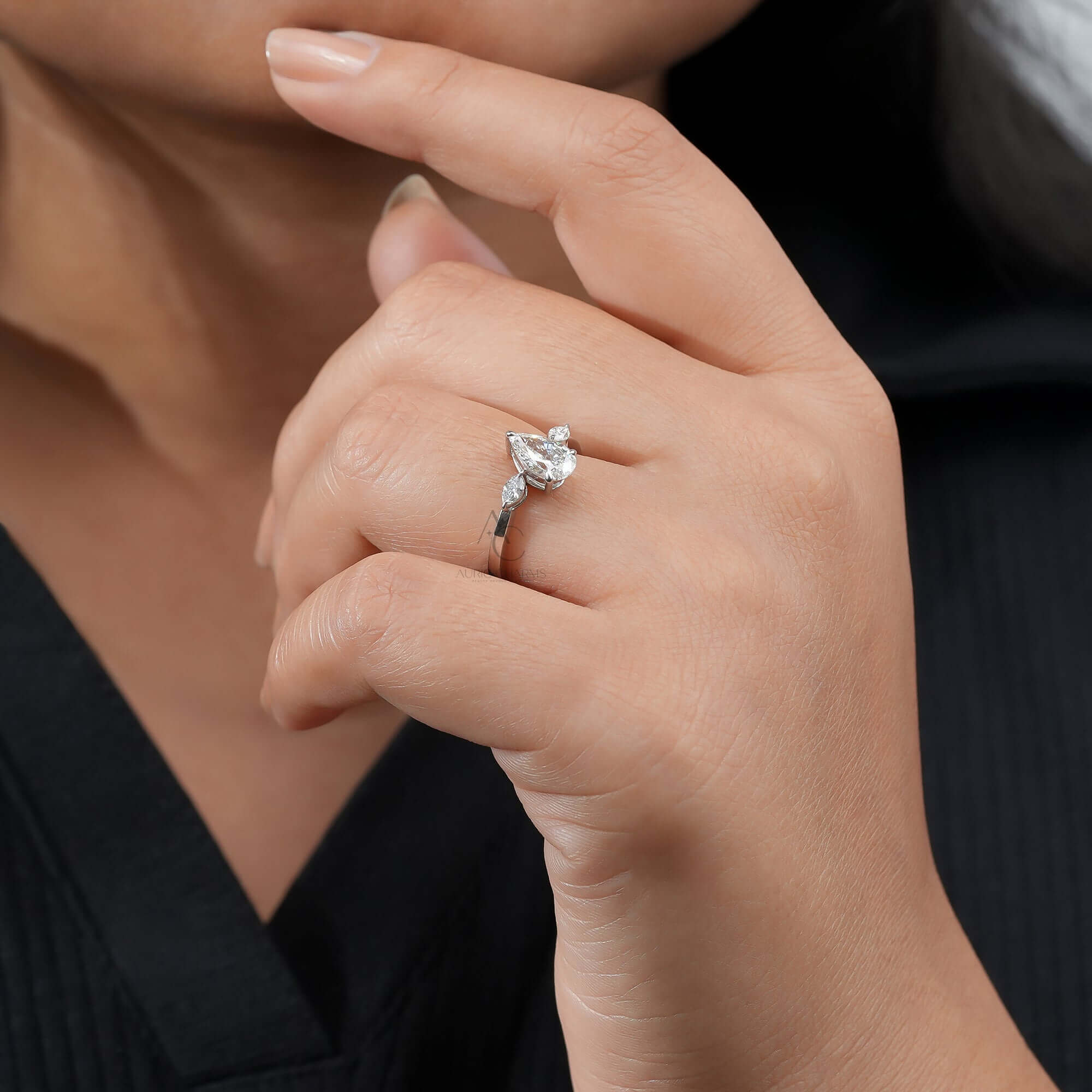 Pear & Marquise Cut Three-Stone Lab Diamond Ring